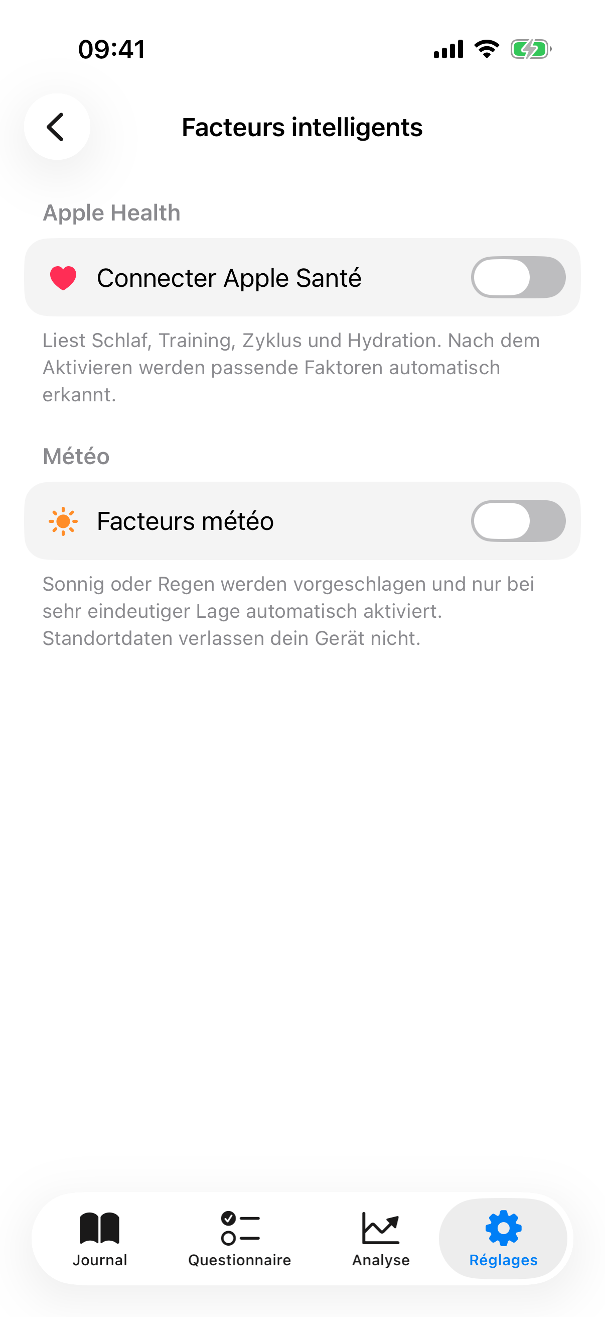 Sous-page Facteurs intelligents avec interrupteurs pour Apple Health, &eacute;criture d'humeur, &eacute;criture d'&eacute;valuations et M&eacute;t&eacute;o