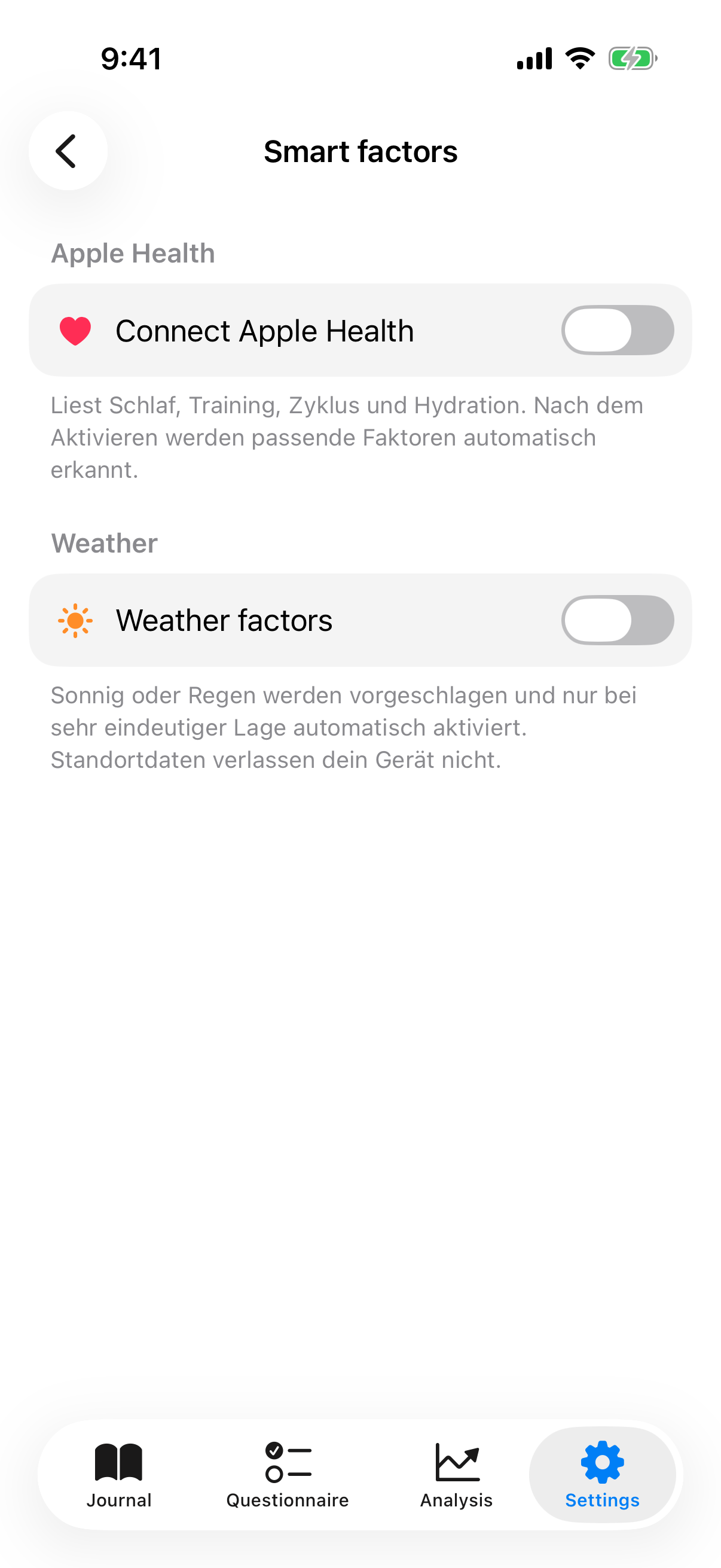 Intelligent factors sub-page with toggles for Apple Health, mood writeback, assessment writeback and weather