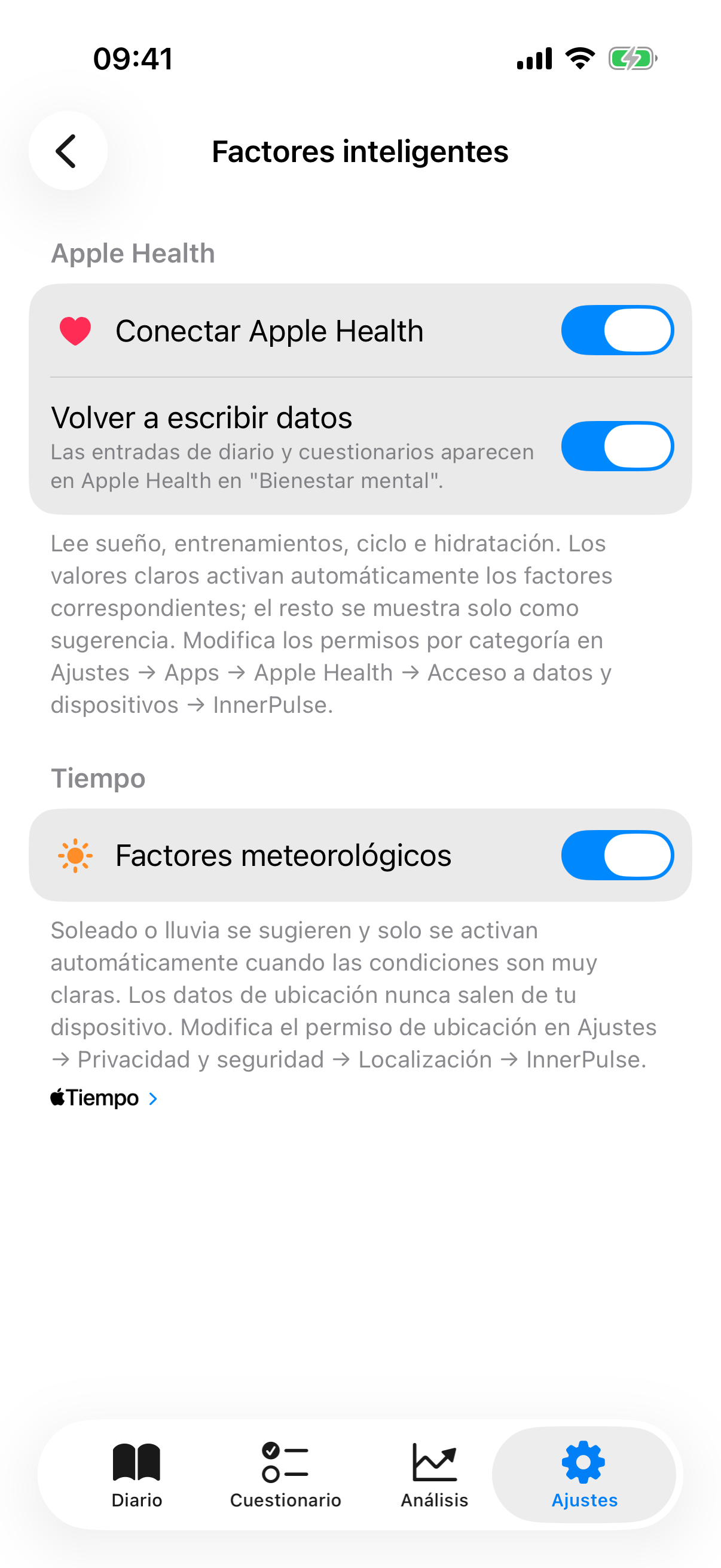 Subpágina Factores inteligentes con interruptores para Apple Health, escritura de estado de ánimo, escritura de evaluación y tiempo