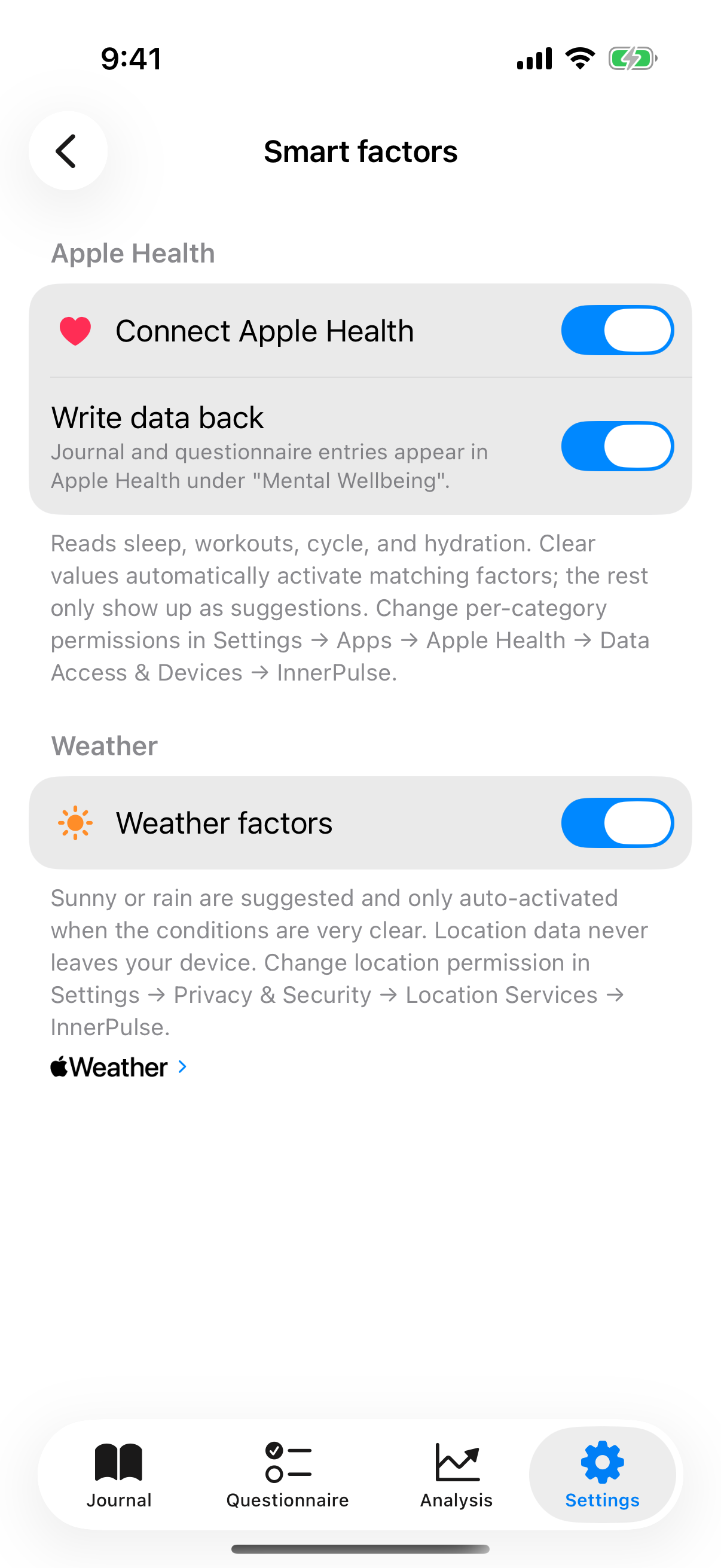 Intelligent factors sub-page with toggles for Apple Health, mood writeback, assessment writeback and weather