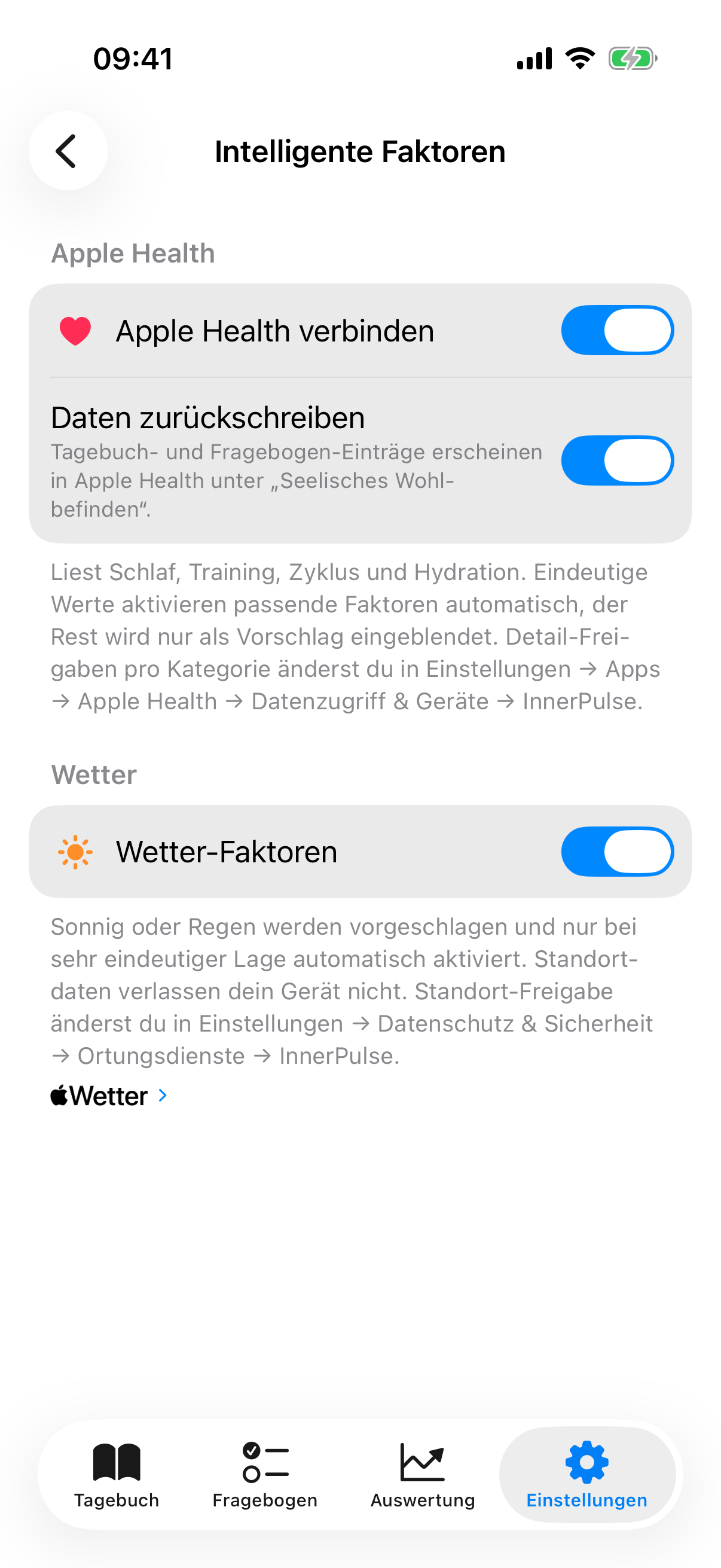 Sub-Seite Intelligente Faktoren mit Toggles für Apple Health, Mood-Writeback, Assessment-Writeback und Wetter