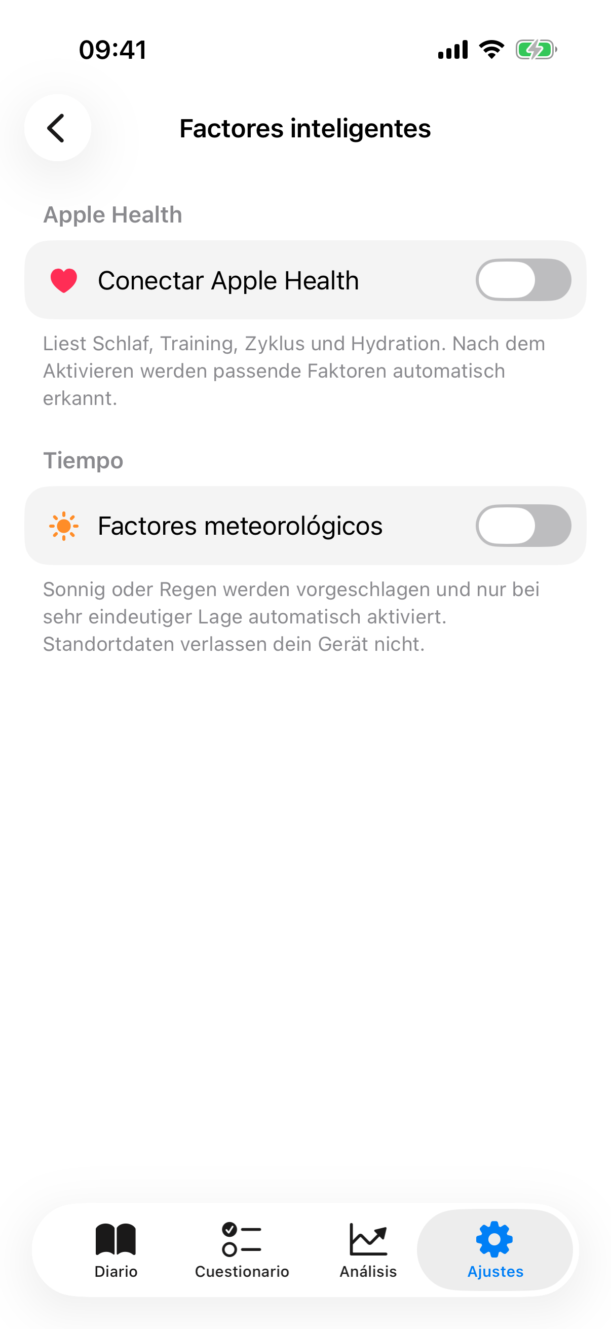 Subpágina Factores inteligentes con interruptores para Apple Health, escritura de estado de ánimo, escritura de evaluación y tiempo