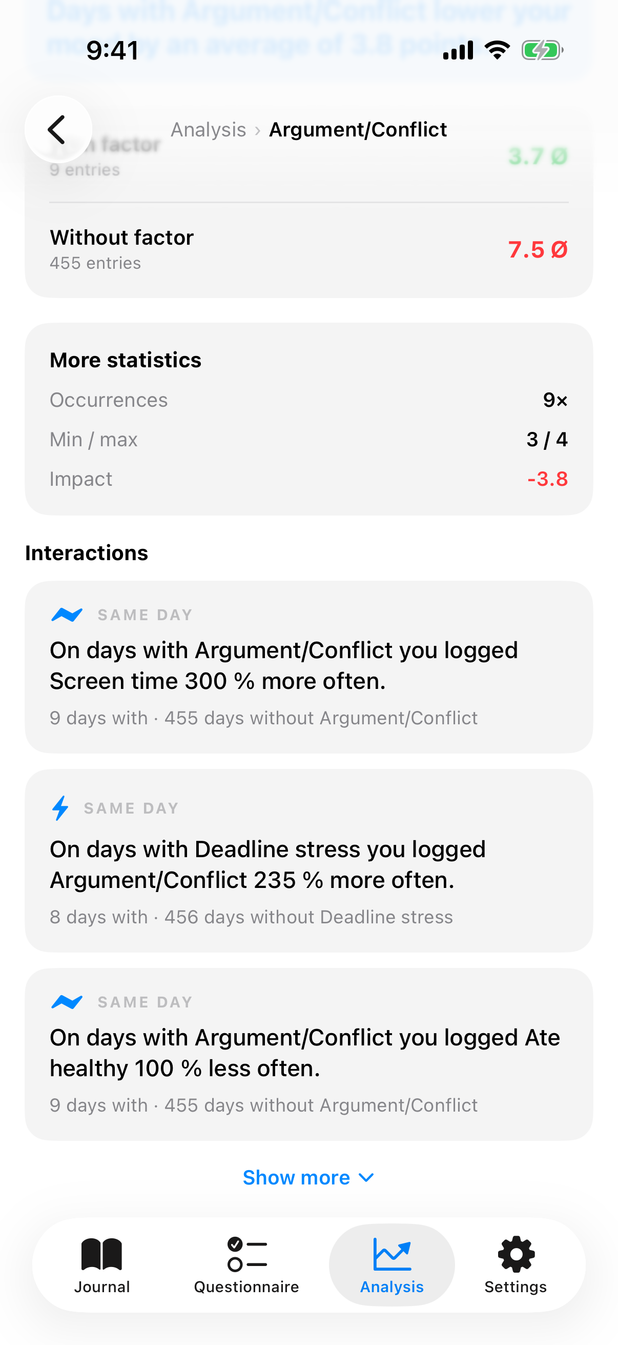 Factor detail with interaction sentences for the same day and the next day