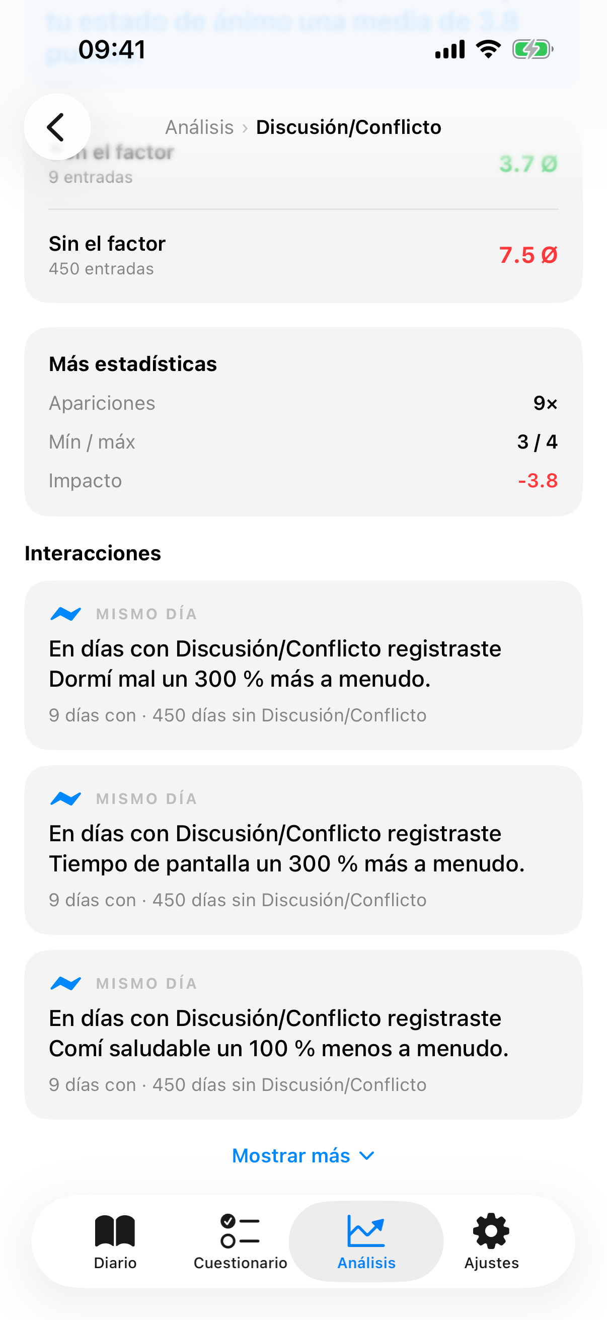 Detalle de factor con frases de interacción para el mismo día y el día siguiente