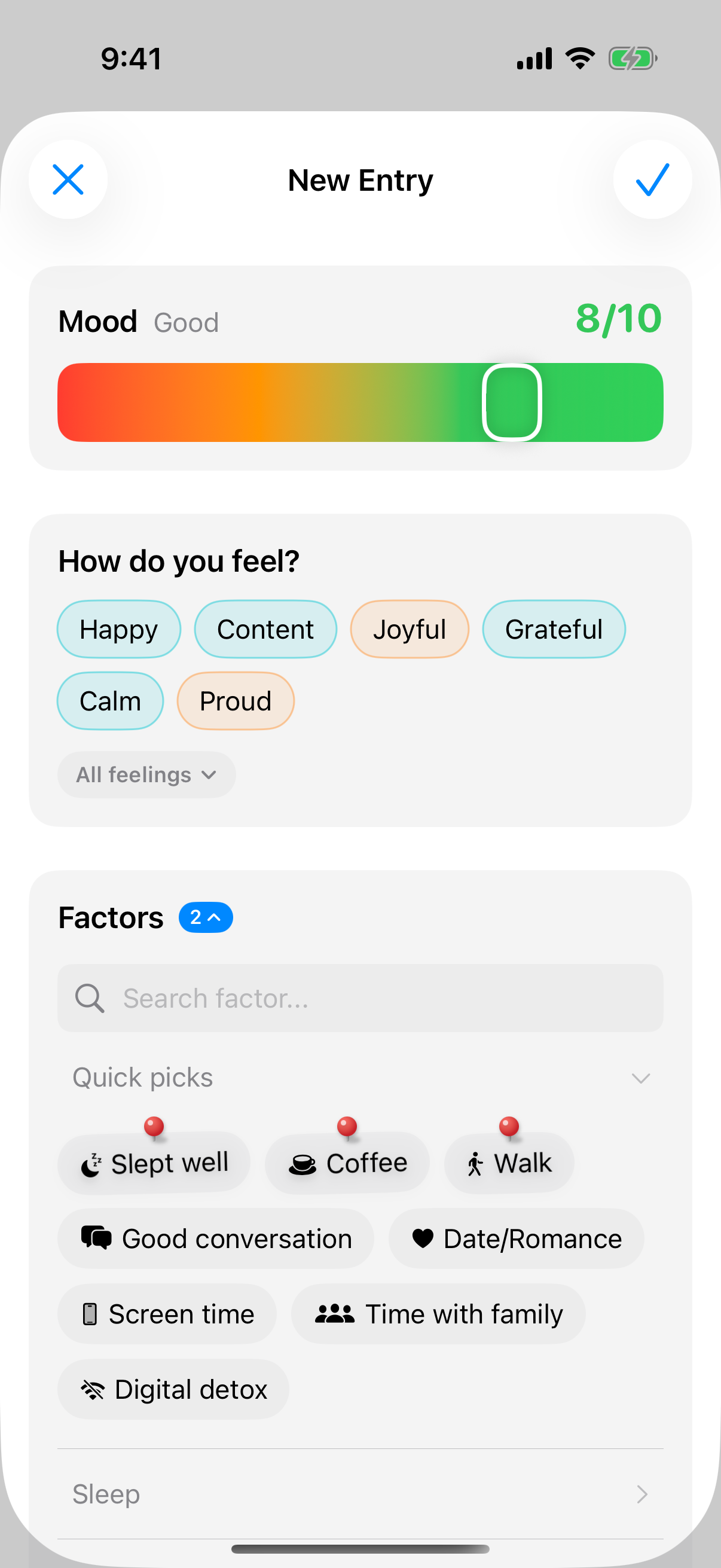 New journal entry with mood slider and the section &ldquo;How do you feel?&rdquo; with feeling suggestions