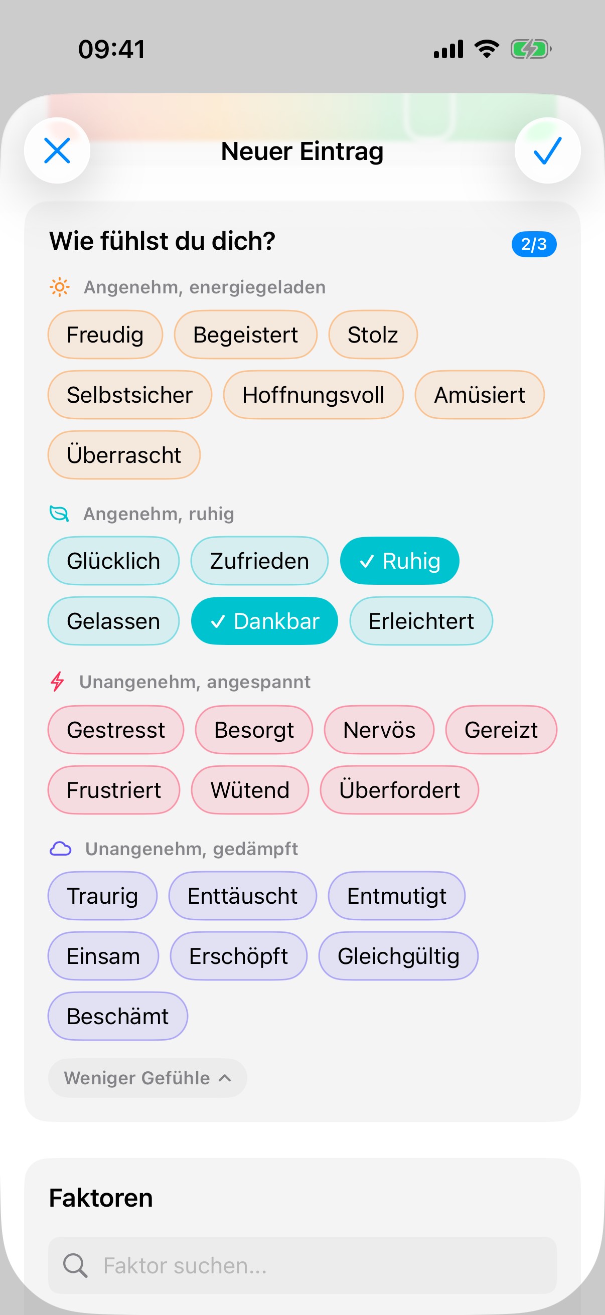 Aufgeklappte Gefühlsauswahl mit vier farbigen Gruppen, drei Gefühle sind ausgewählt