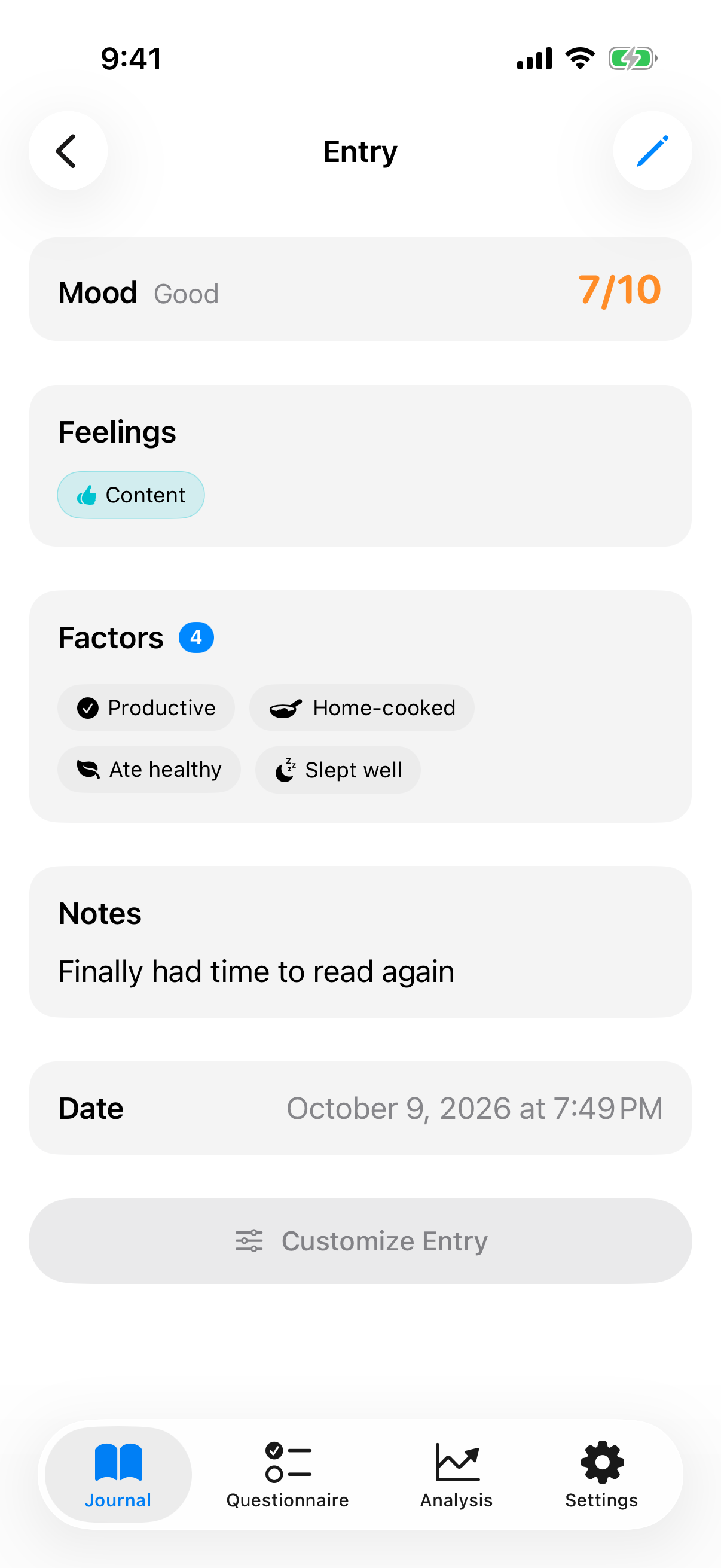 Detail view of a saved entry with mood value, factors and note
