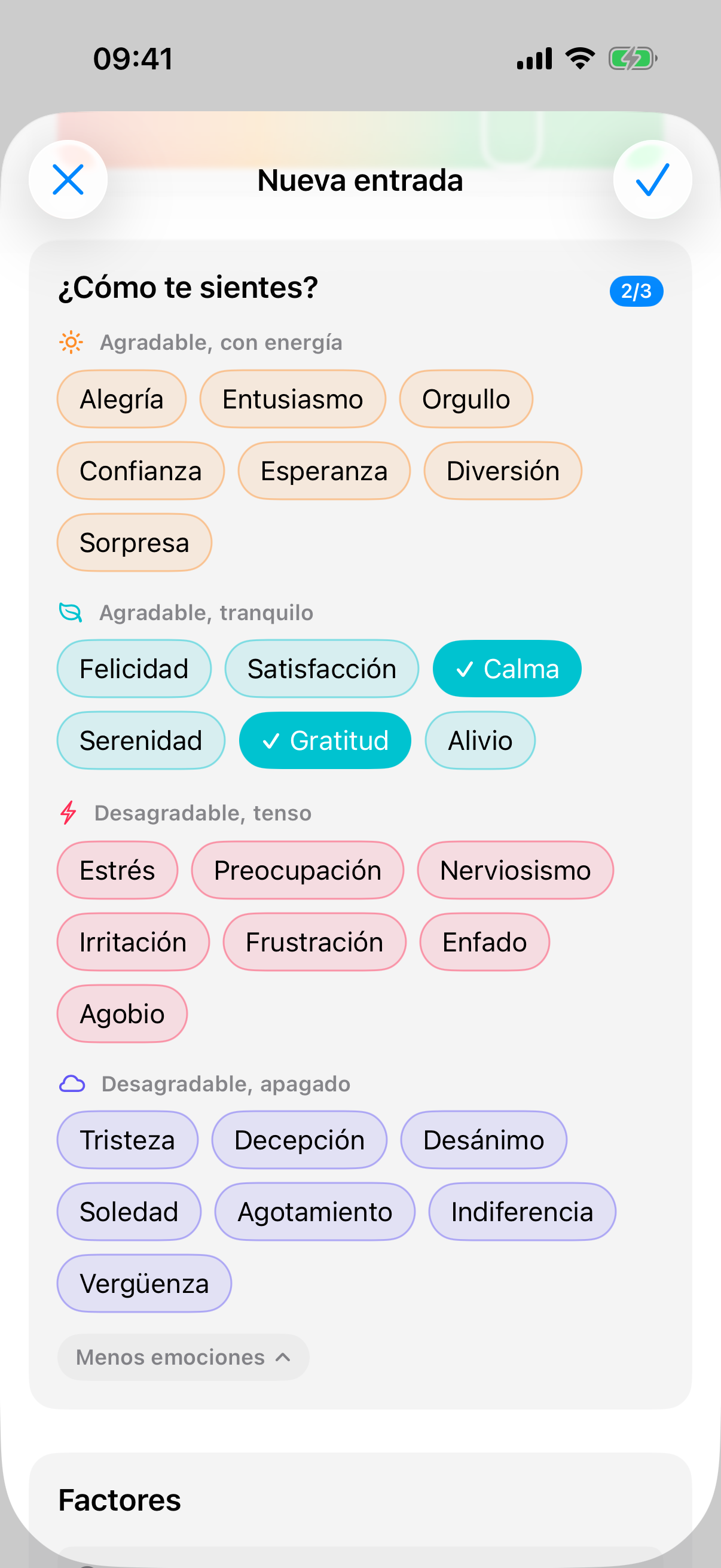 Selecci&oacute;n de emociones desplegada con cuatro grupos de colores y tres emociones seleccionadas