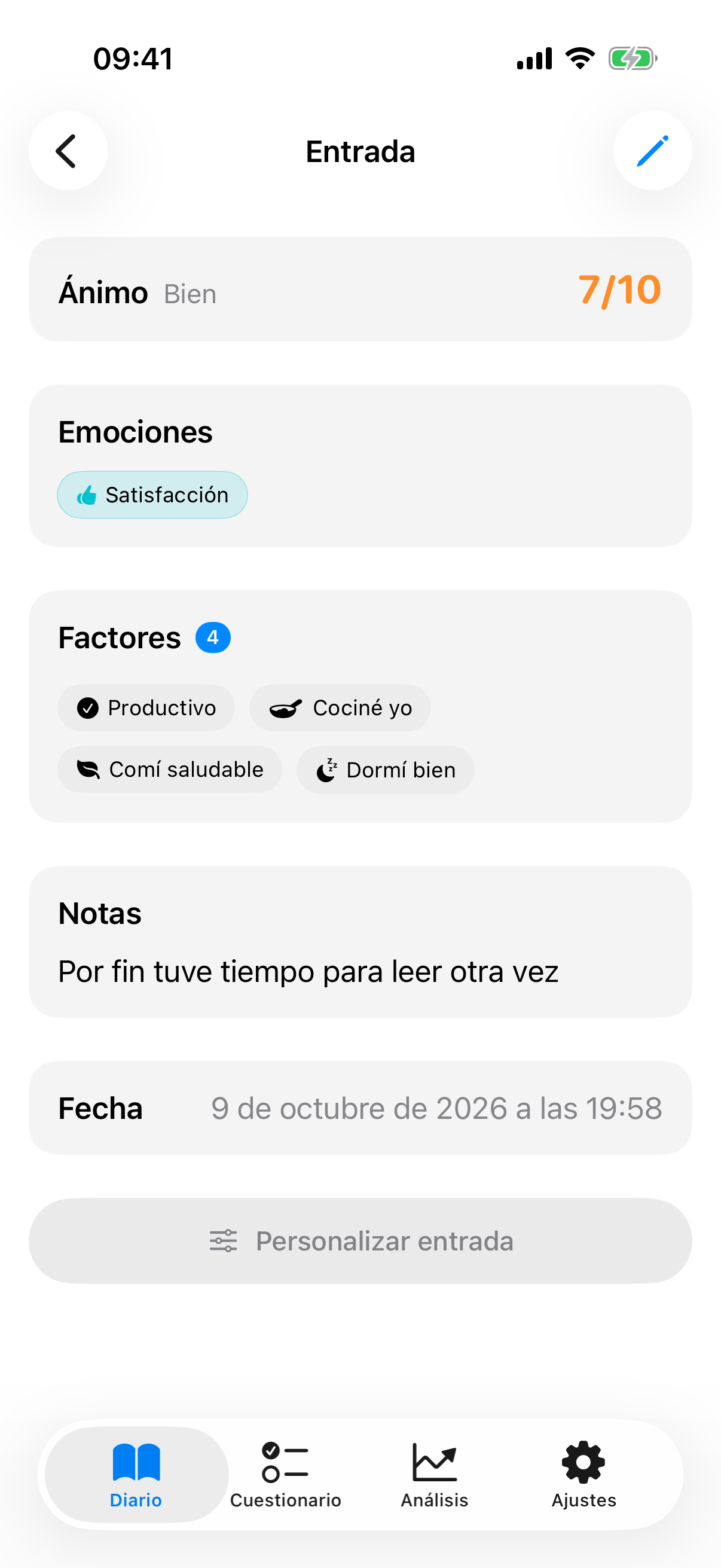 Vista de detalle de una entrada guardada con valor de estado de &aacute;nimo, factores y nota