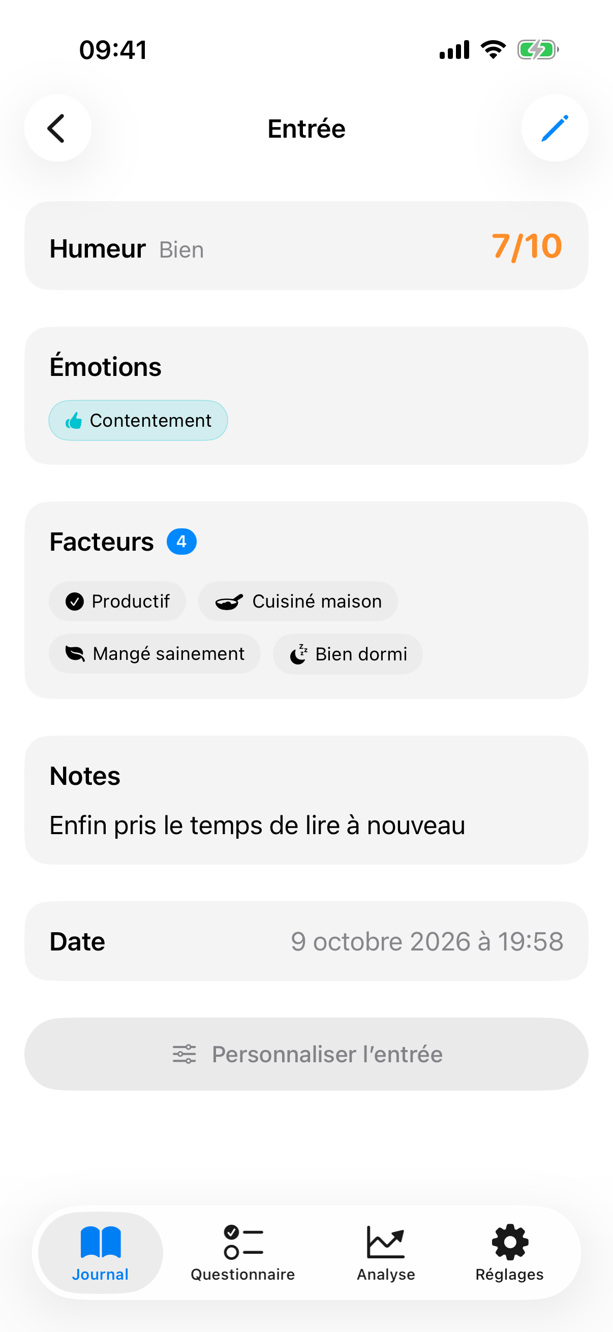 Vue d&eacute;tail d'une entr&eacute;e enregistr&eacute;e avec valeur d'humeur, facteurs et note