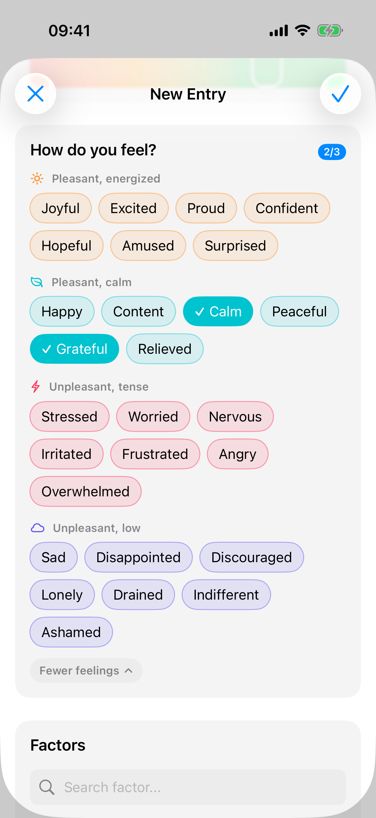 Expanded feelings picker with four colored groups and three feelings selected