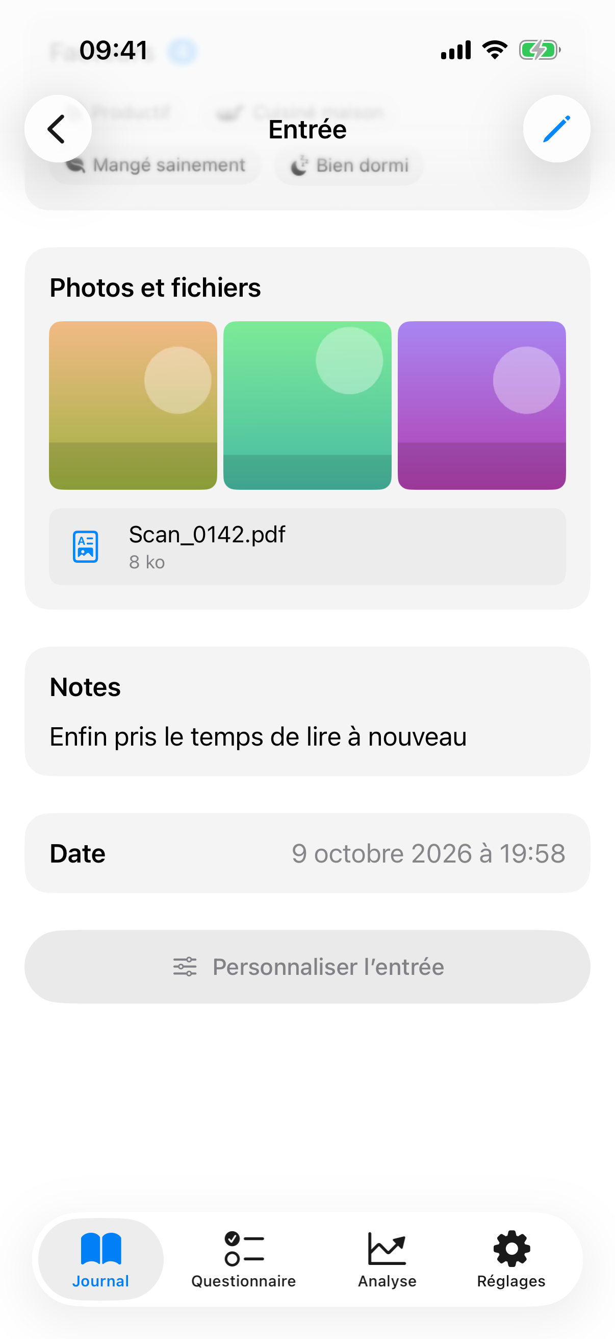 Entr&eacute;e avec plusieurs photos en grille et un PDF joint en dessous