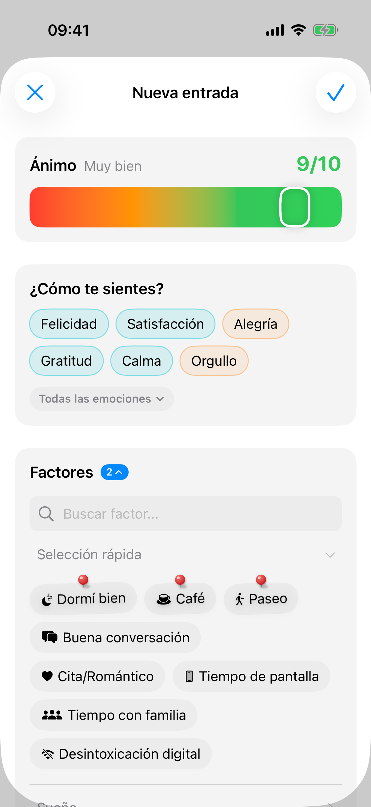 Nueva entrada de diario con deslizador de estado de &aacute;nimo y la secci&oacute;n &laquo;&iquest;C&oacute;mo te sientes?&raquo; con emociones sugeridas