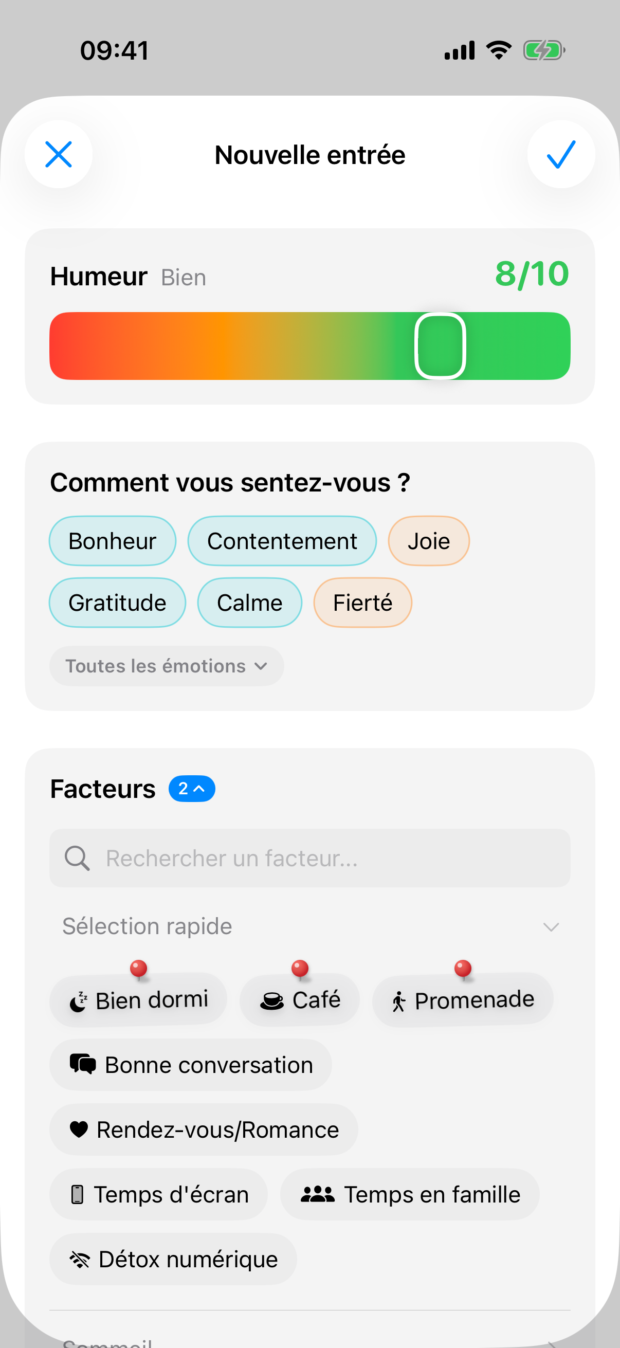 Nouvelle entr&eacute;e de journal avec curseur d'humeur et la section &laquo; Comment vous sentez-vous ? &raquo; avec des suggestions d'&eacute;motions