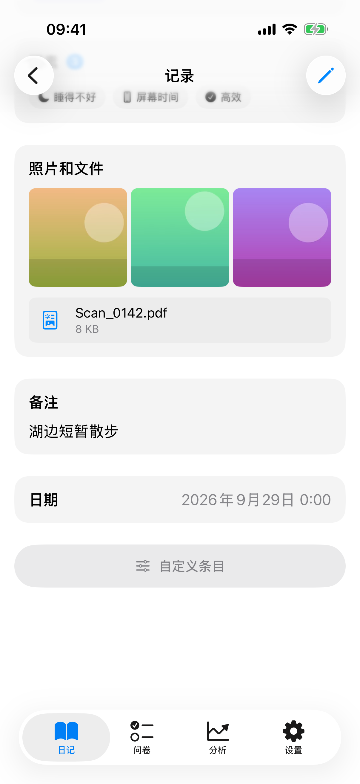 条目中以网格显示多张照片，下方附有一个 PDF