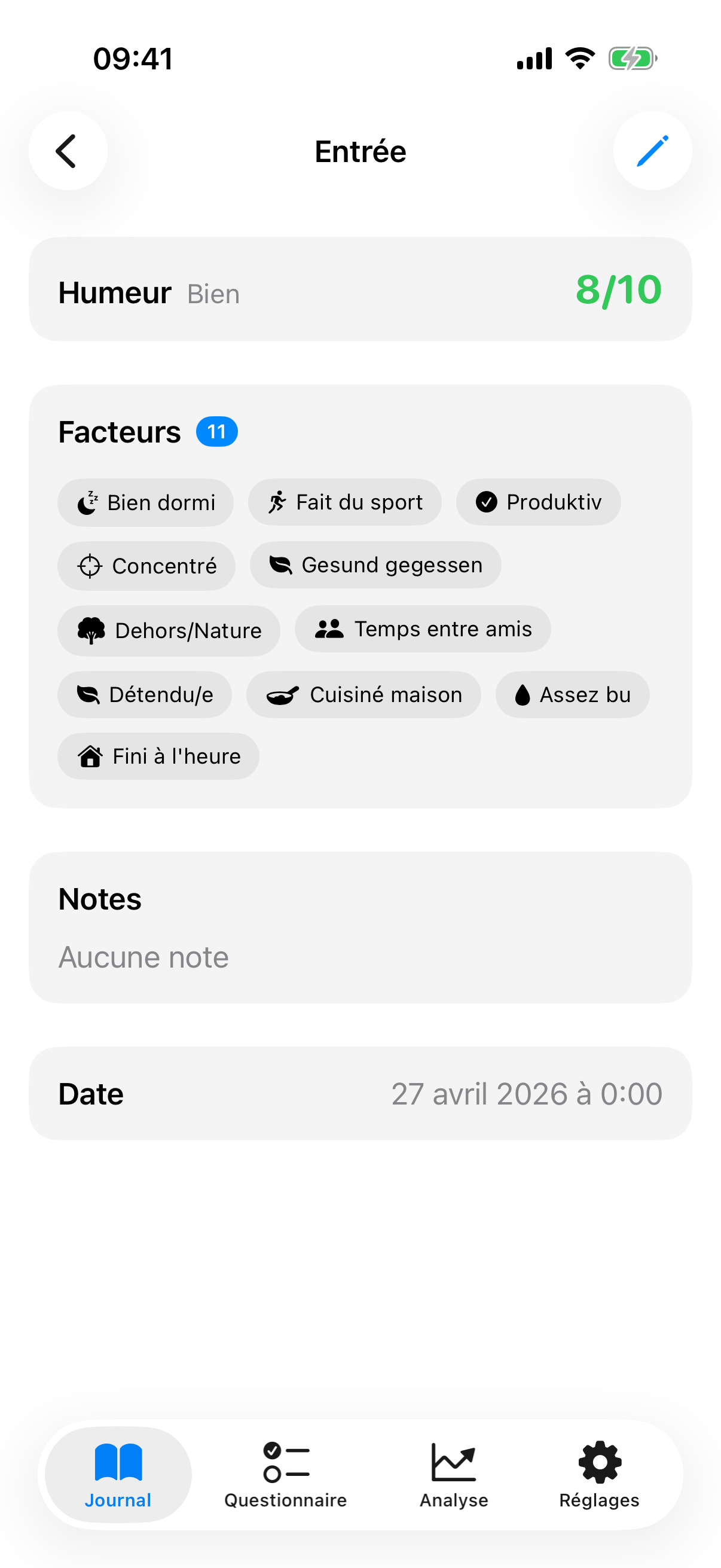 Vue d&eacute;tail d'une entr&eacute;e enregistr&eacute;e avec valeur d'humeur, facteurs et note