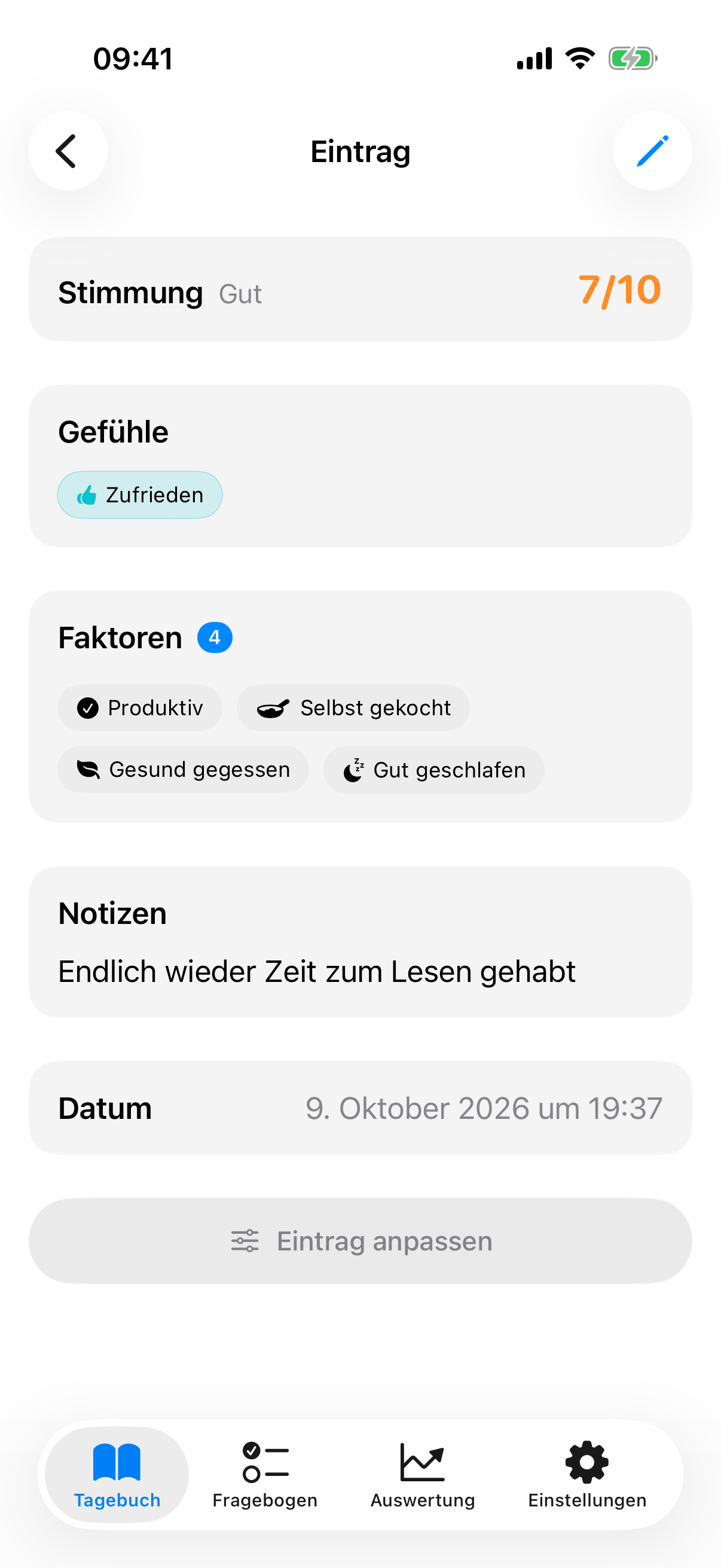 Detail-Ansicht eines gespeicherten Eintrags mit Stimmungswert, Faktoren und Notiz