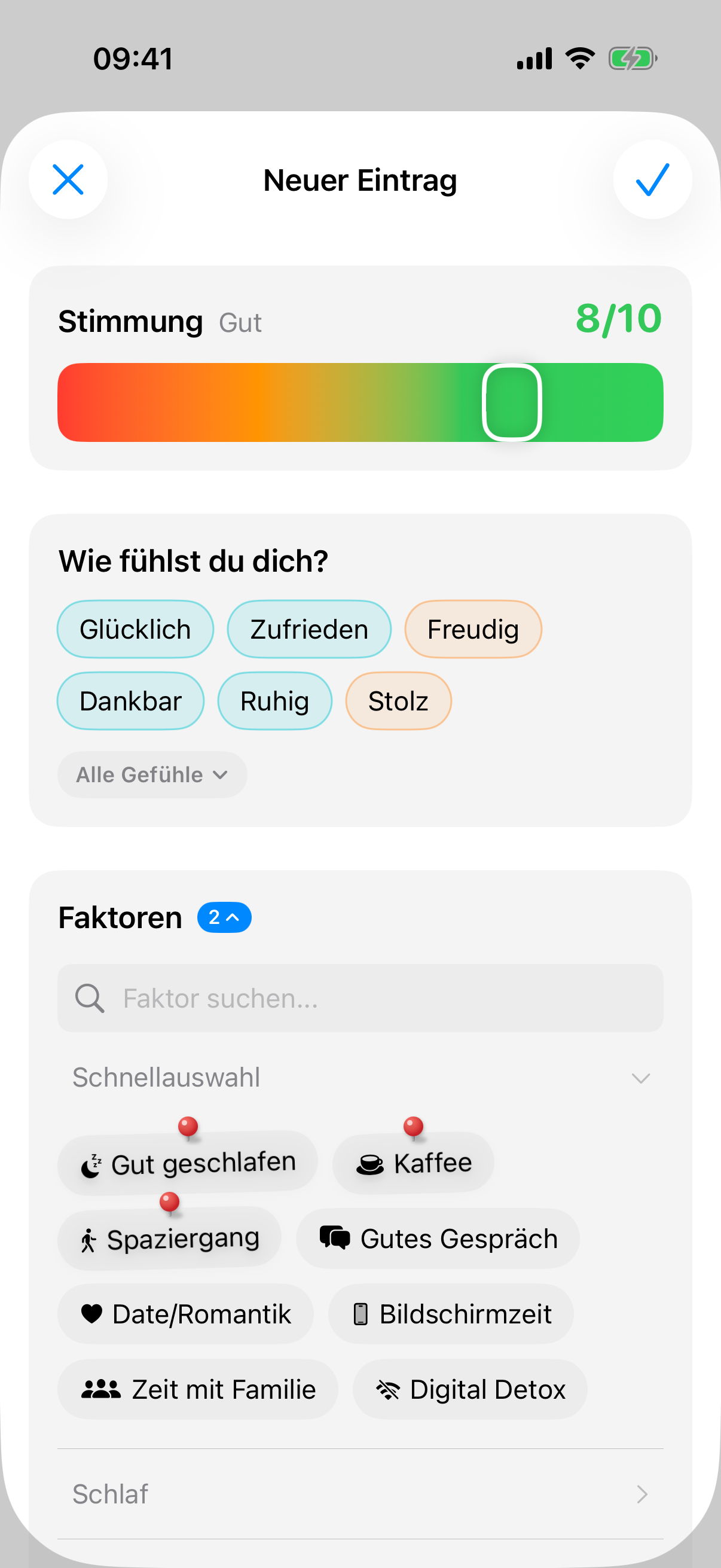 Neuer Tagebuch-Eintrag mit Stimmungs-Schieber und dem Abschnitt „Wie fühlst du dich?“ mit Gefühls-Vorschlägen