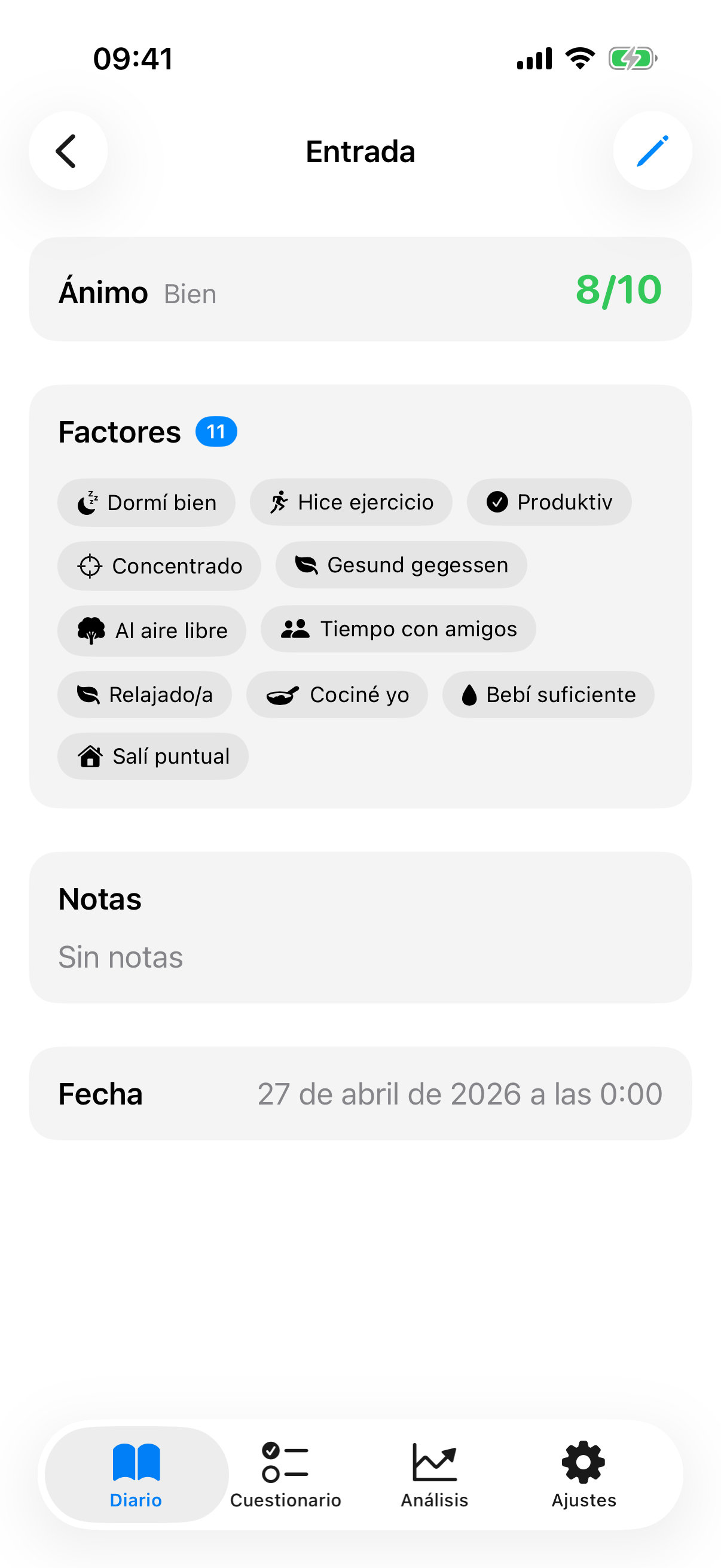 Vista de detalle de una entrada guardada con valor de estado de &aacute;nimo, factores y nota