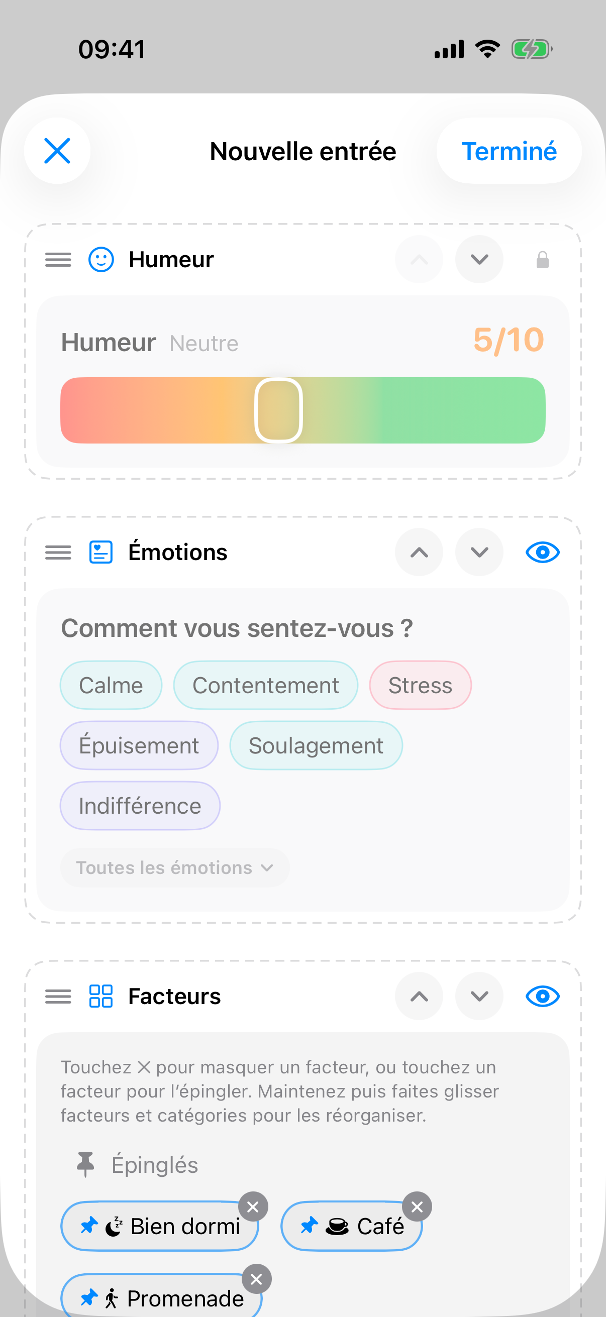 &Eacute;diteur en mode &laquo; Personnaliser l'entr&eacute;e &raquo; avec des sections entour&eacute;es de pointill&eacute;s, des poign&eacute;es, des fl&egrave;ches et des symboles d'&oelig;il