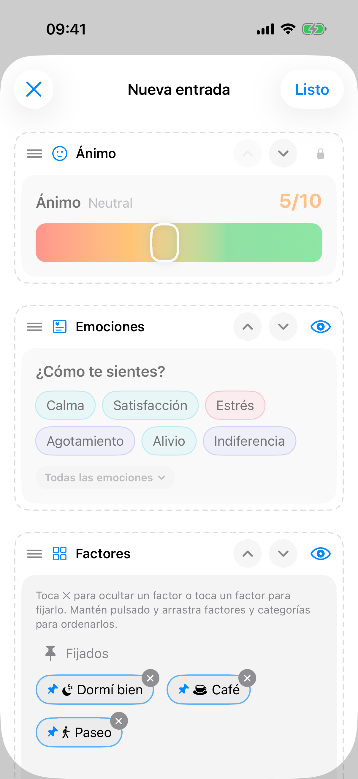 Editor en el modo &laquo;Personalizar entrada&raquo; con secciones de borde discontinuo, asas, flechas y s&iacute;mbolos de ojo