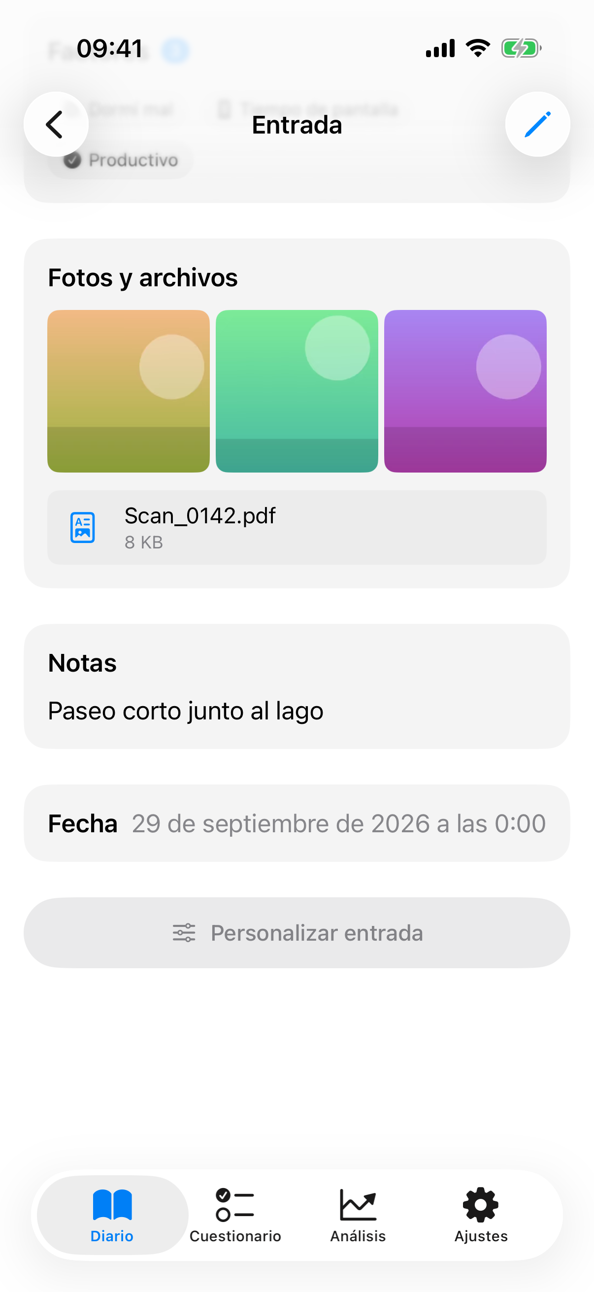 Entrada con varias fotos en cuadr&iacute;cula y un PDF adjunto debajo