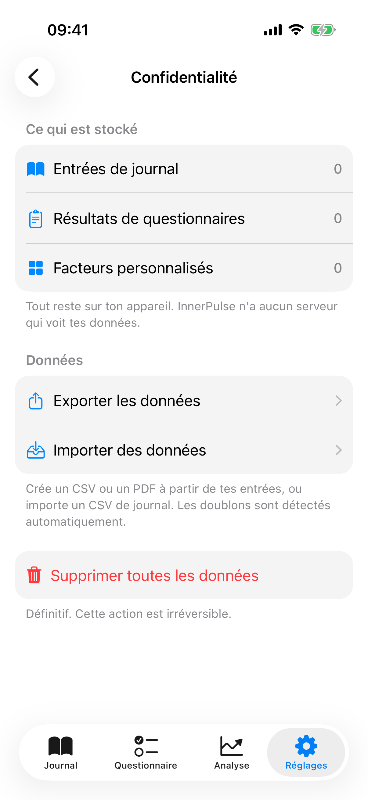 Privacy Center avec compteurs de données, options d'export, d'import et de suppression