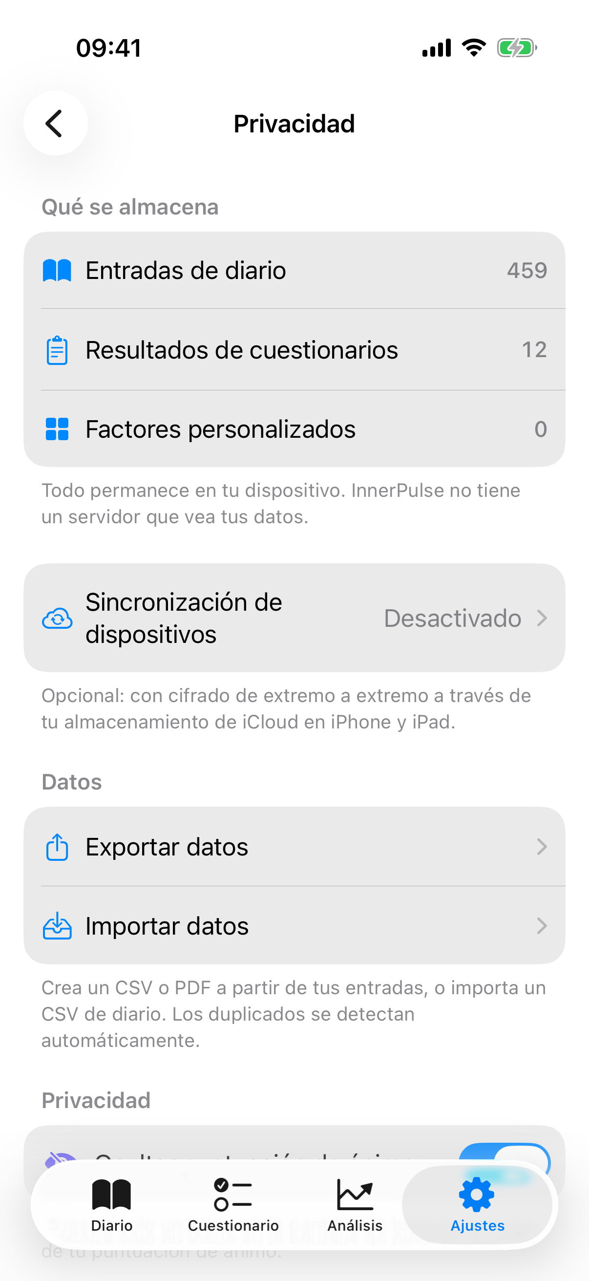 Centro de Privacidad con contadores de datos, opciones de exportaci&oacute;n, importaci&oacute;n y eliminaci&oacute;n