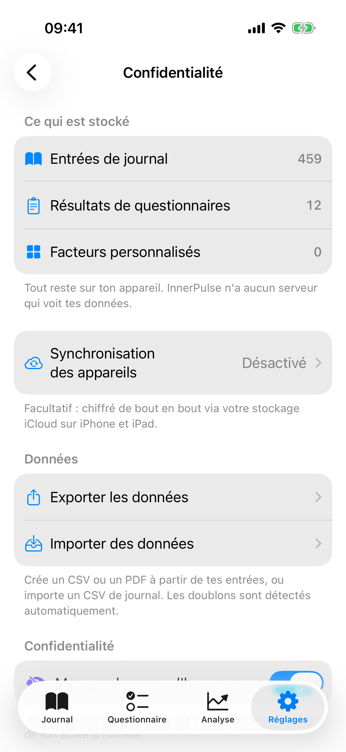 Privacy Center avec compteurs de donn&eacute;es, options d'export, d'import et de suppression