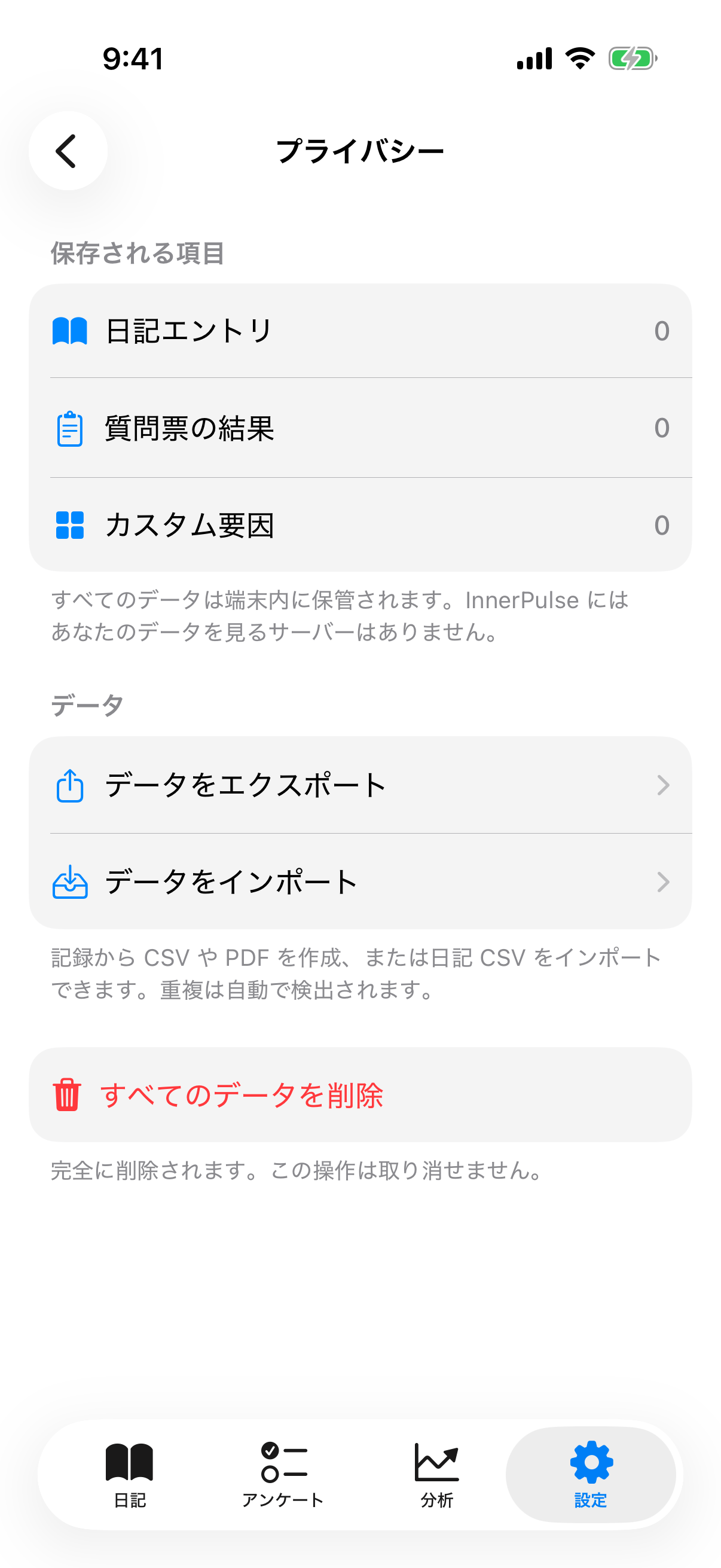 データカウンター、エクスポート、インポート、削除オプションを含むプライバシーセンター