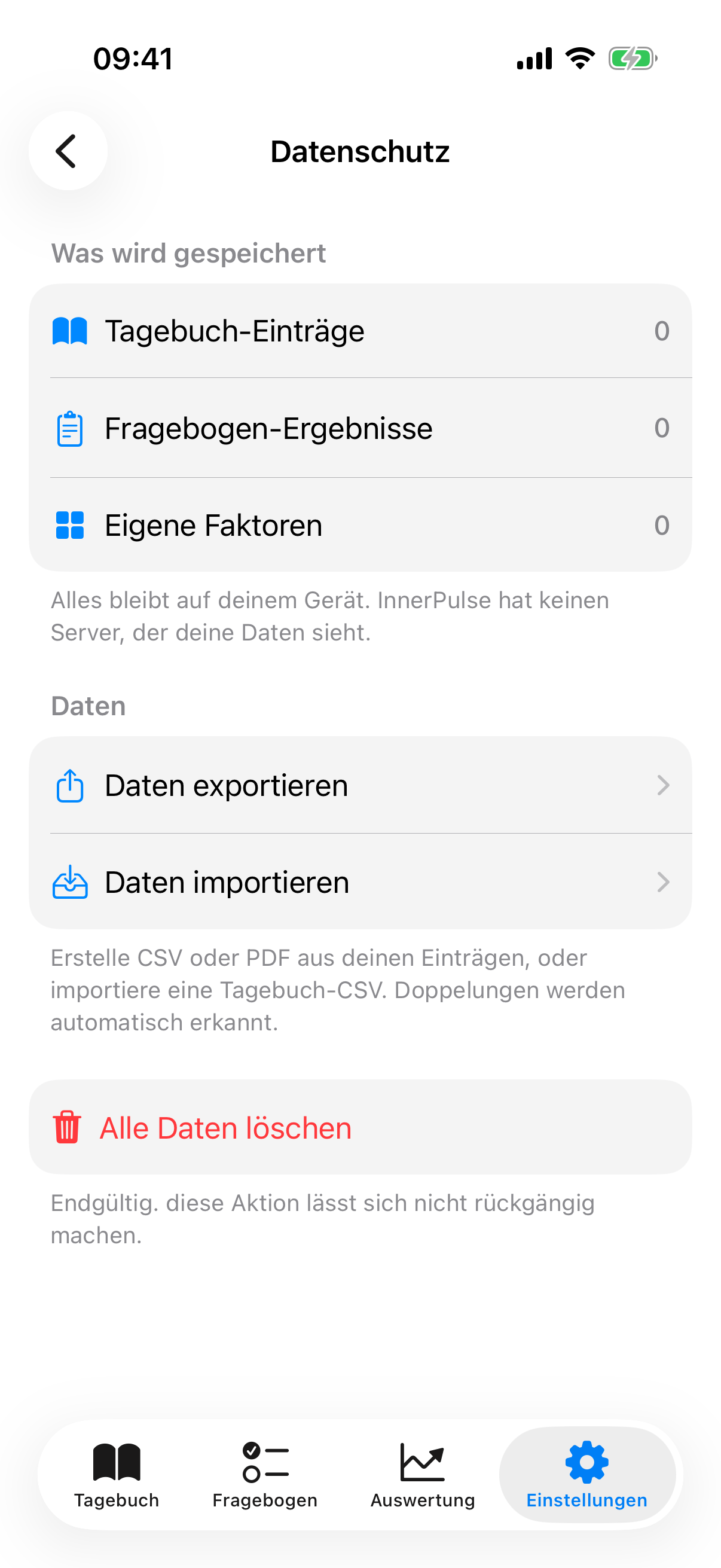 Privacy Center mit Datenzählern, Export-, Import- und Lösch-Optionen