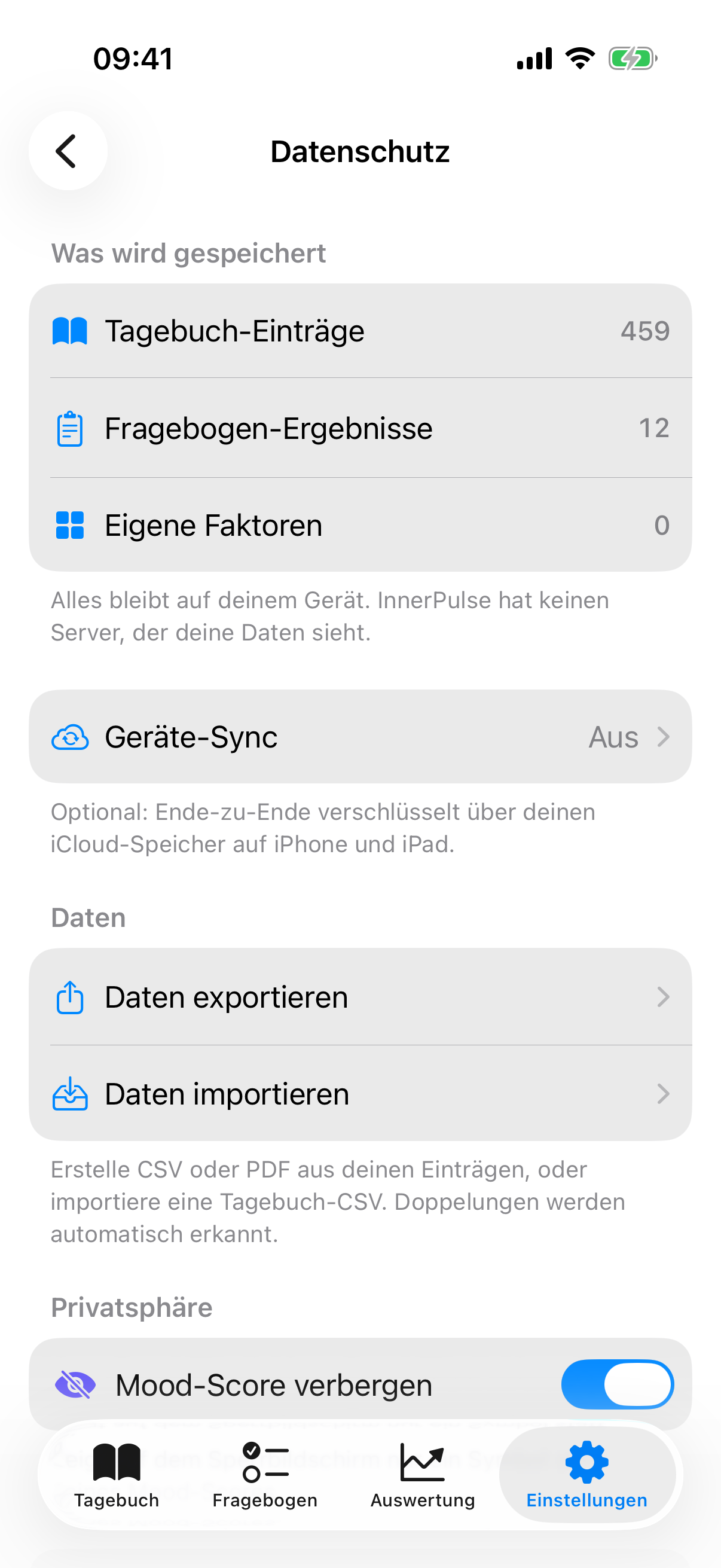Privacy Center mit Datenz&auml;hlern, Export-, Import- und L&ouml;sch-Optionen