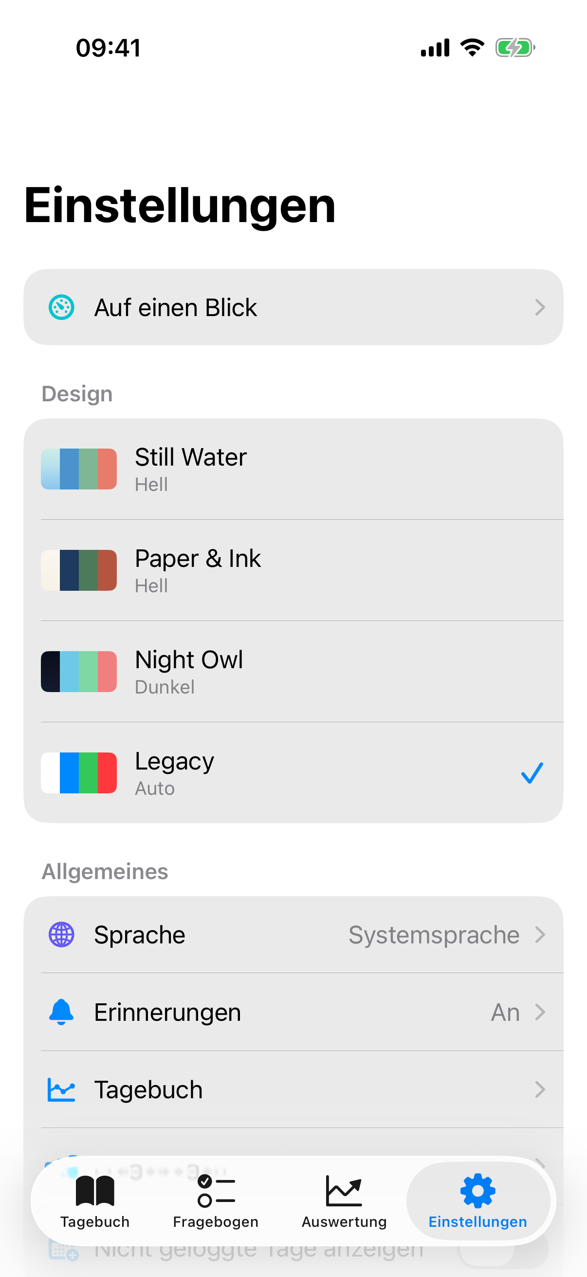 Settings-Übersicht mit den Sektionen Design, Allgemeines, Sicherheit und Daten, Einflussfaktoren und Über