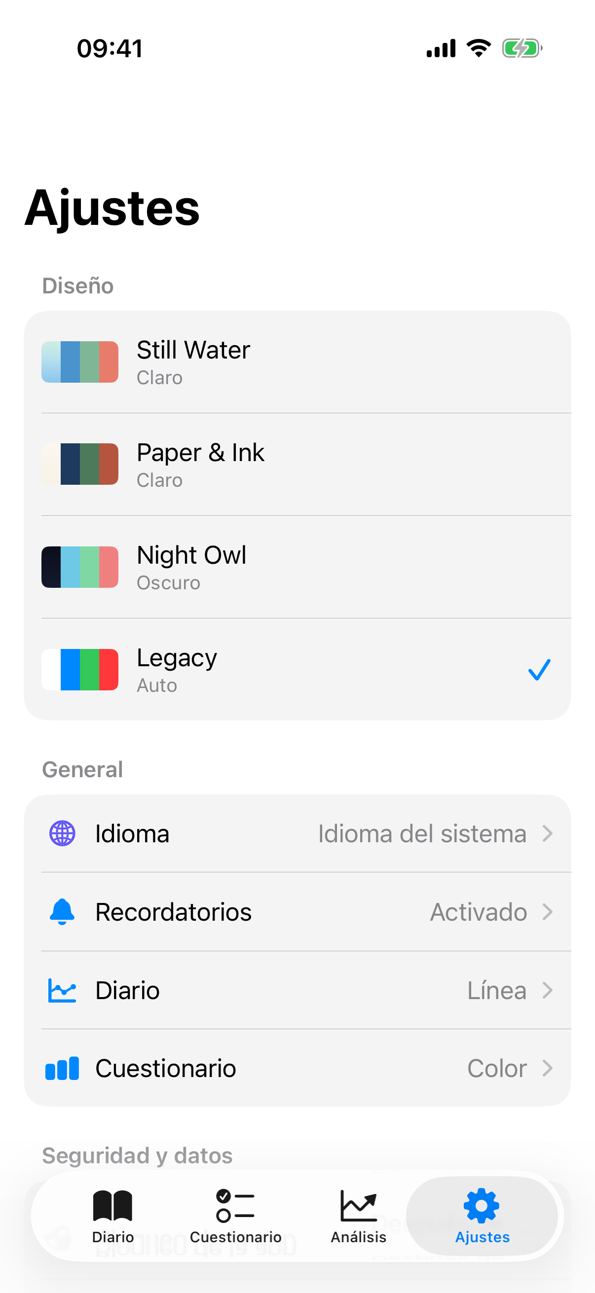 Vista general de ajustes con las secciones Diseño, General, Seguridad y Datos, Factores y Acerca de