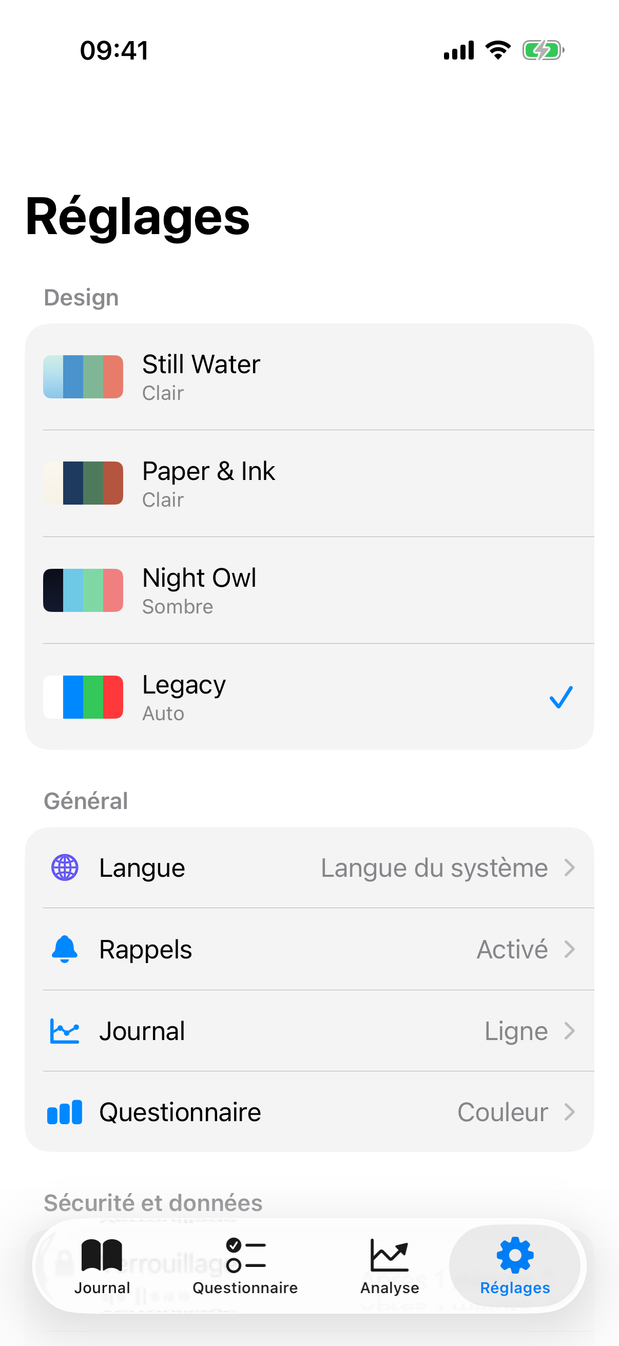 Vue d'ensemble des réglages avec les sections Design, Général, Sécurité et données, Facteurs et À propos
