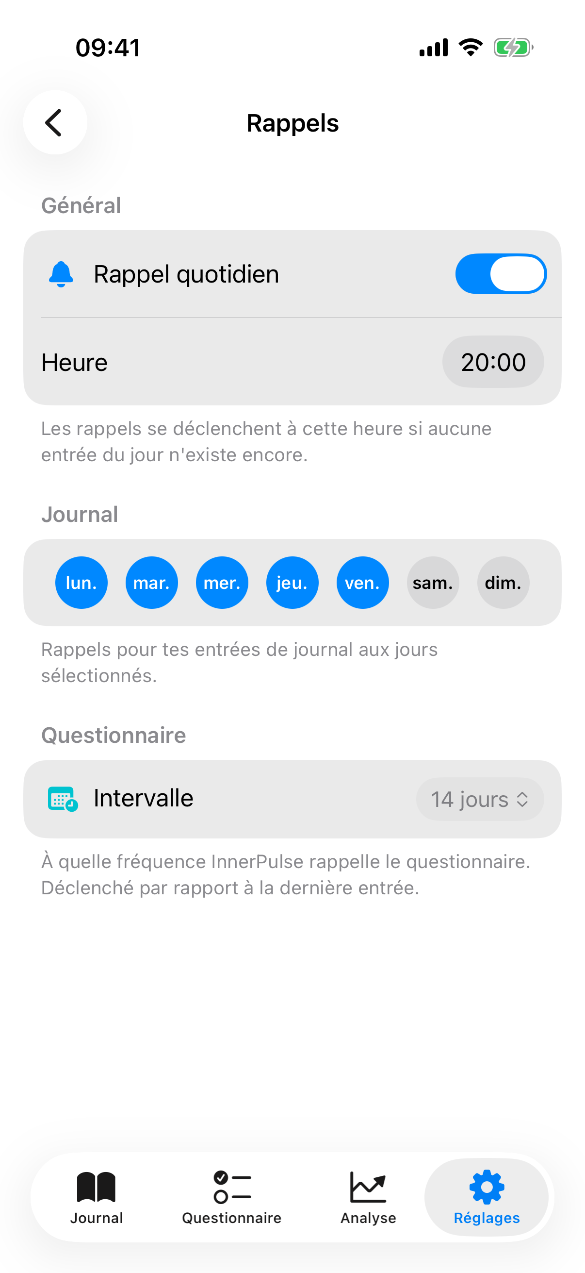 Sous-page des rappels avec interrupteur principal, s&eacute;lection de jours et s&eacute;lecteur d'intervalle
