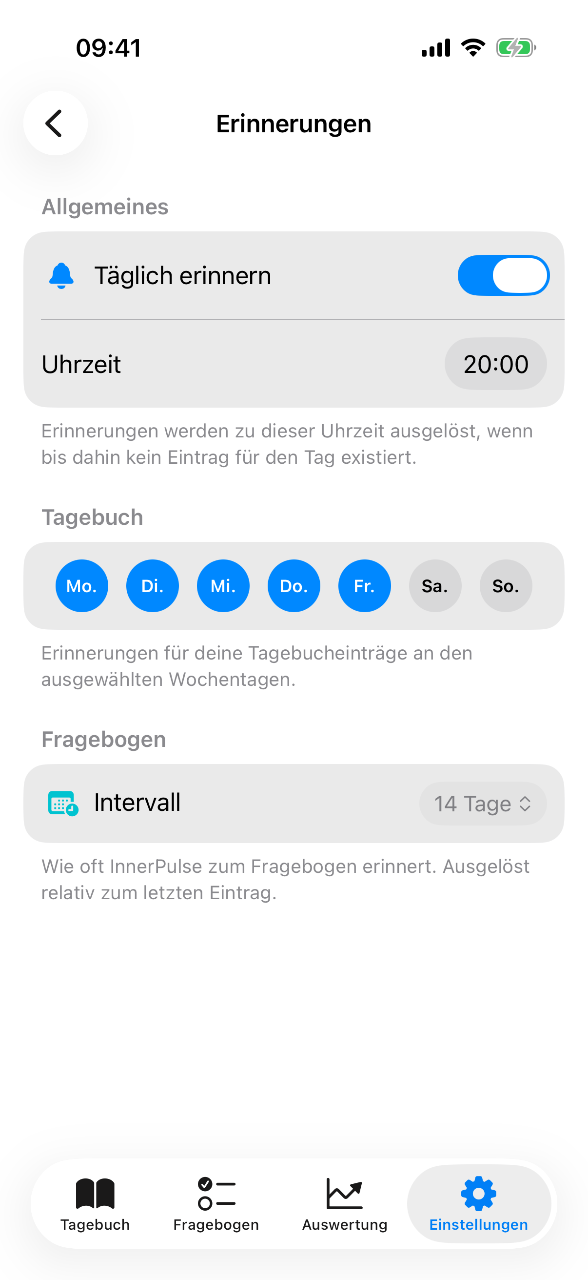 Erinnerungen-Sub-Seite mit Master-Toggle, Wochentagsauswahl und Intervall-Picker
