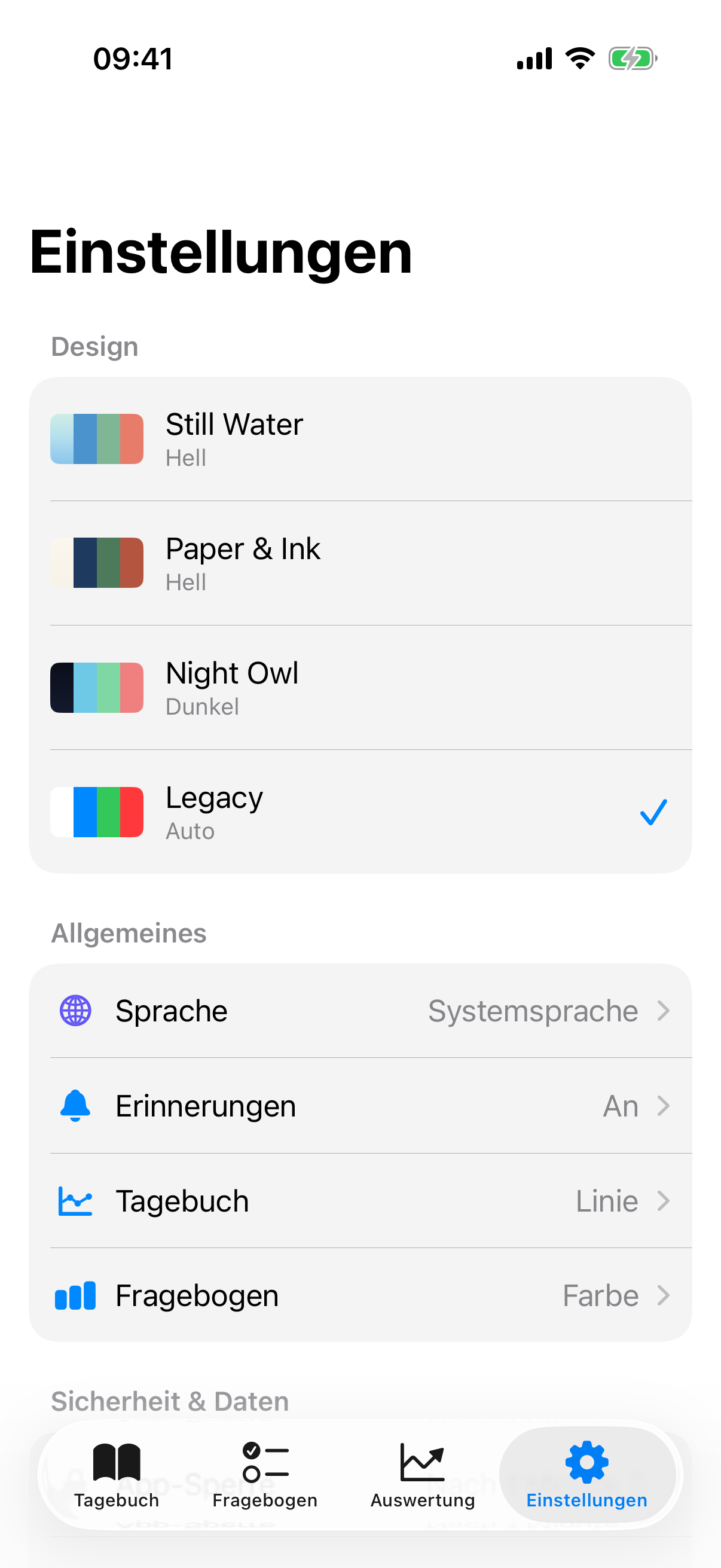 Settings-&Uuml;bersicht mit den Sektionen Design, Allgemeines, Sicherheit und Daten, Einflussfaktoren und &Uuml;ber