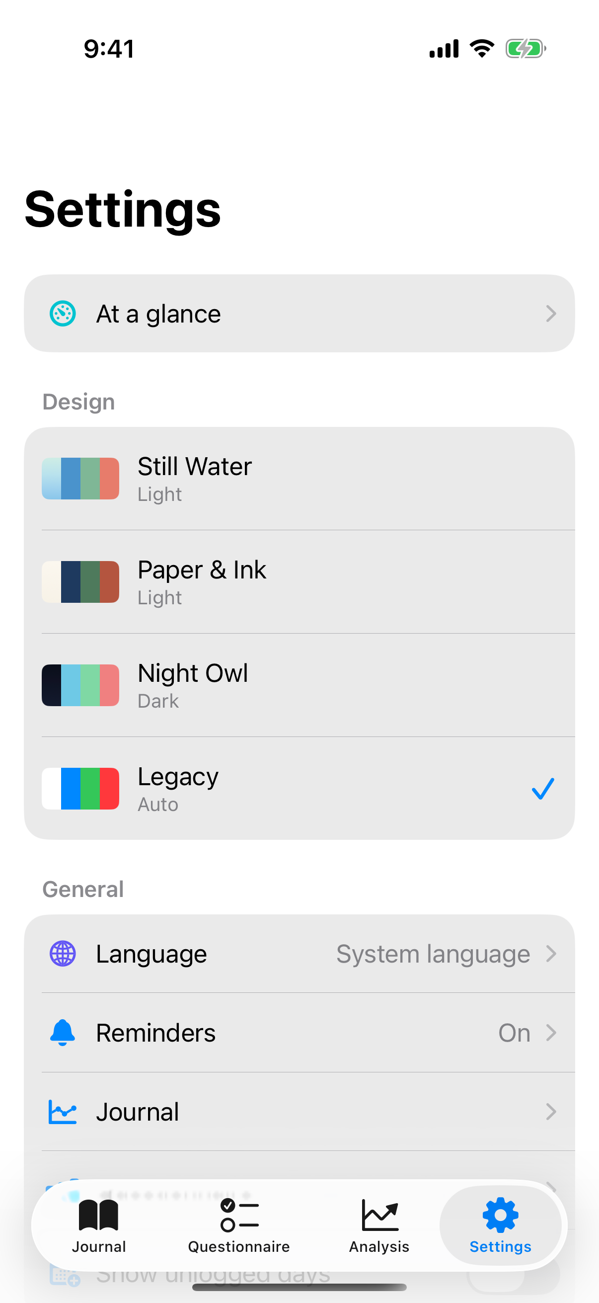 Settings overview with the sections Design, General, Security and Data, Influence Factors and About