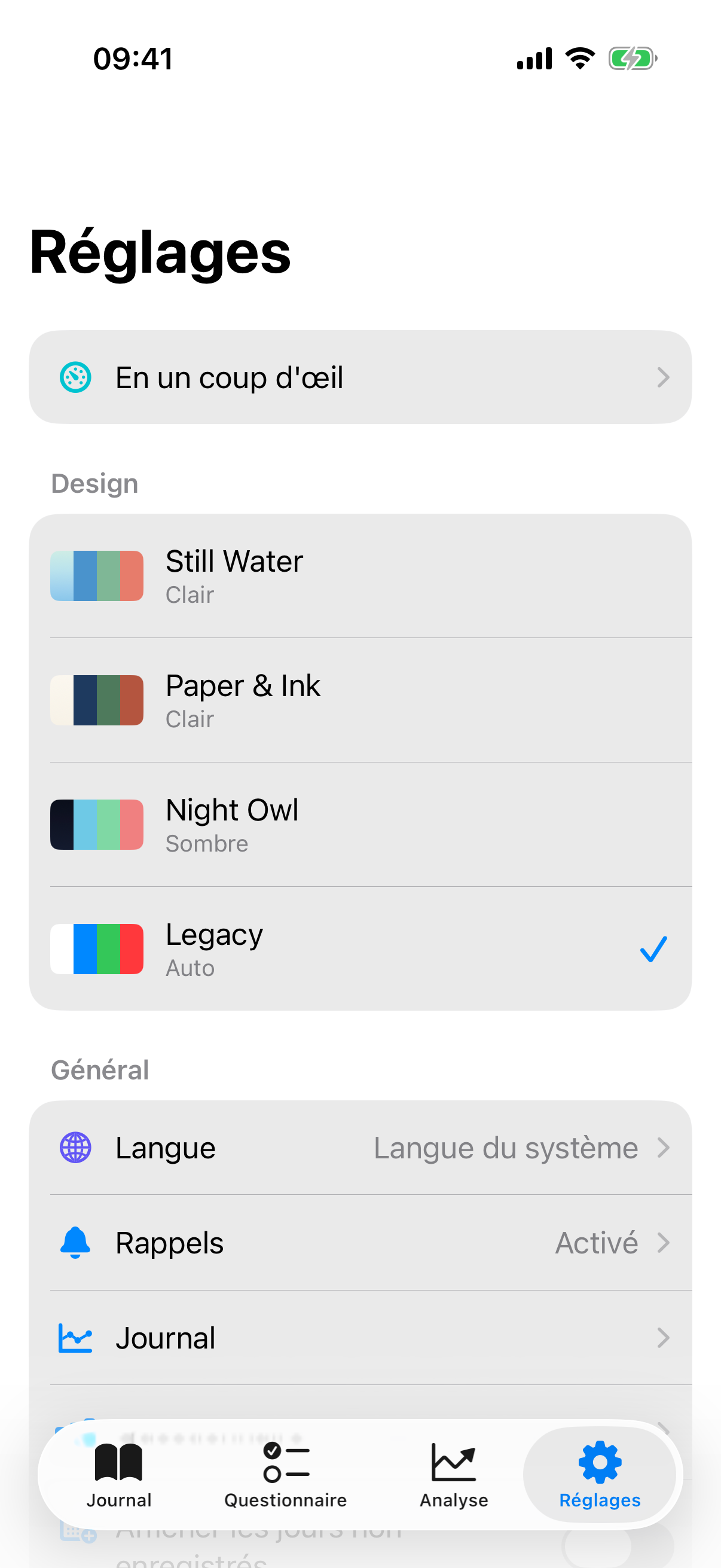 Vue d'ensemble des r&eacute;glages avec les sections Design, G&eacute;n&eacute;ral, S&eacute;curit&eacute; et donn&eacute;es, Facteurs et &Agrave; propos