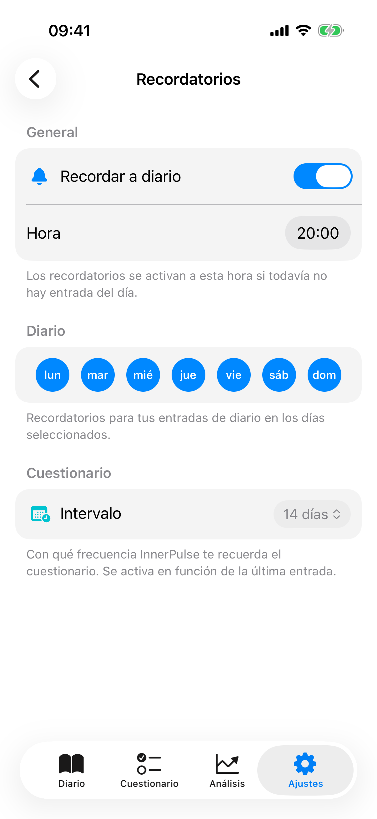 Subpágina de recordatorios con interruptor principal, selección de días de la semana y selector de intervalo