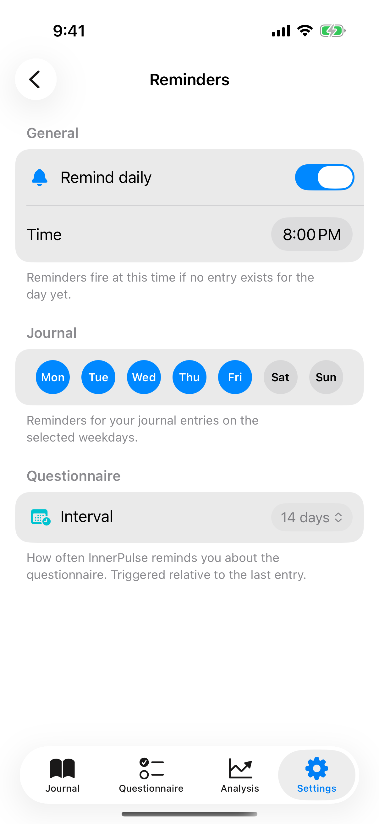 Reminders sub-page with master toggle, weekday selection and interval picker
