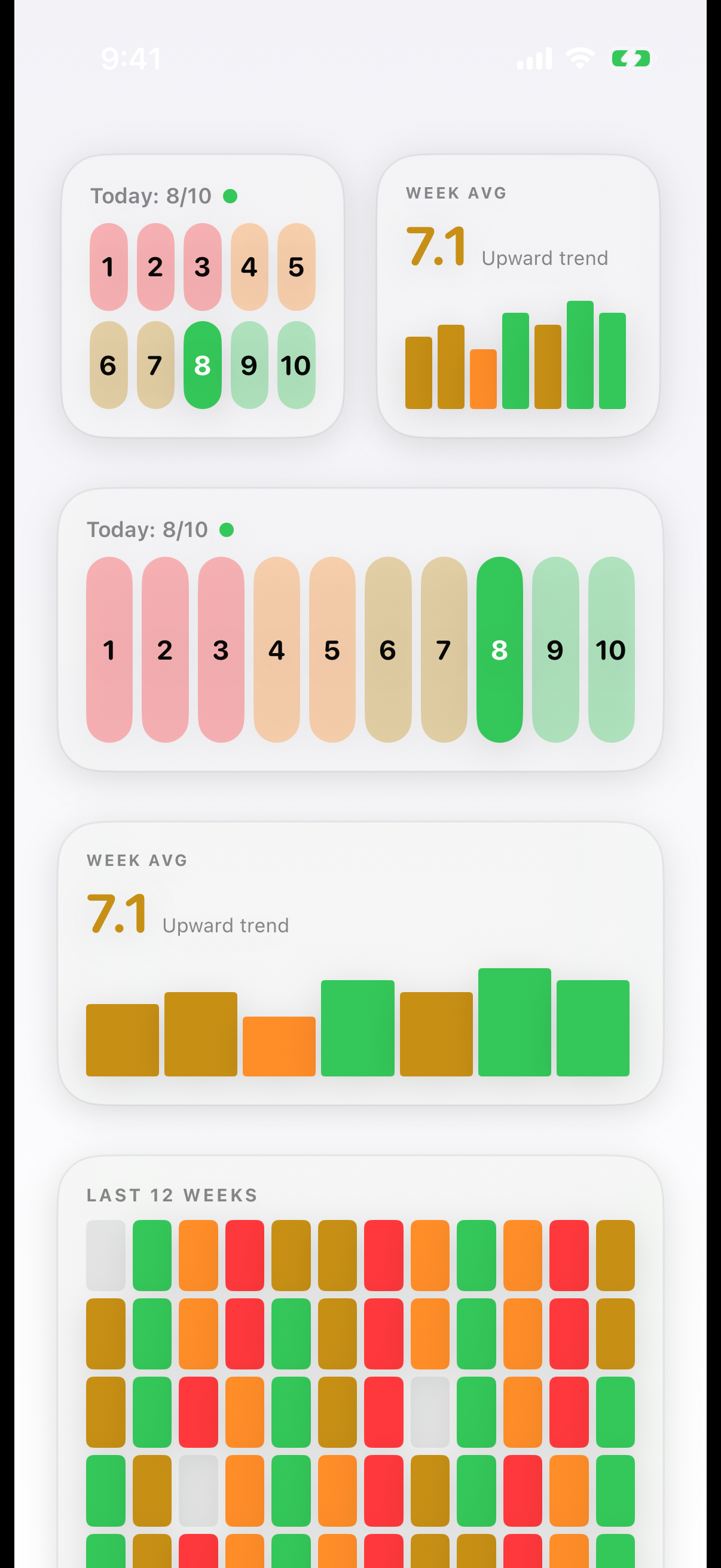 InnerPulse home screen widgets with quick log, weekly pulse and mood in pixels
