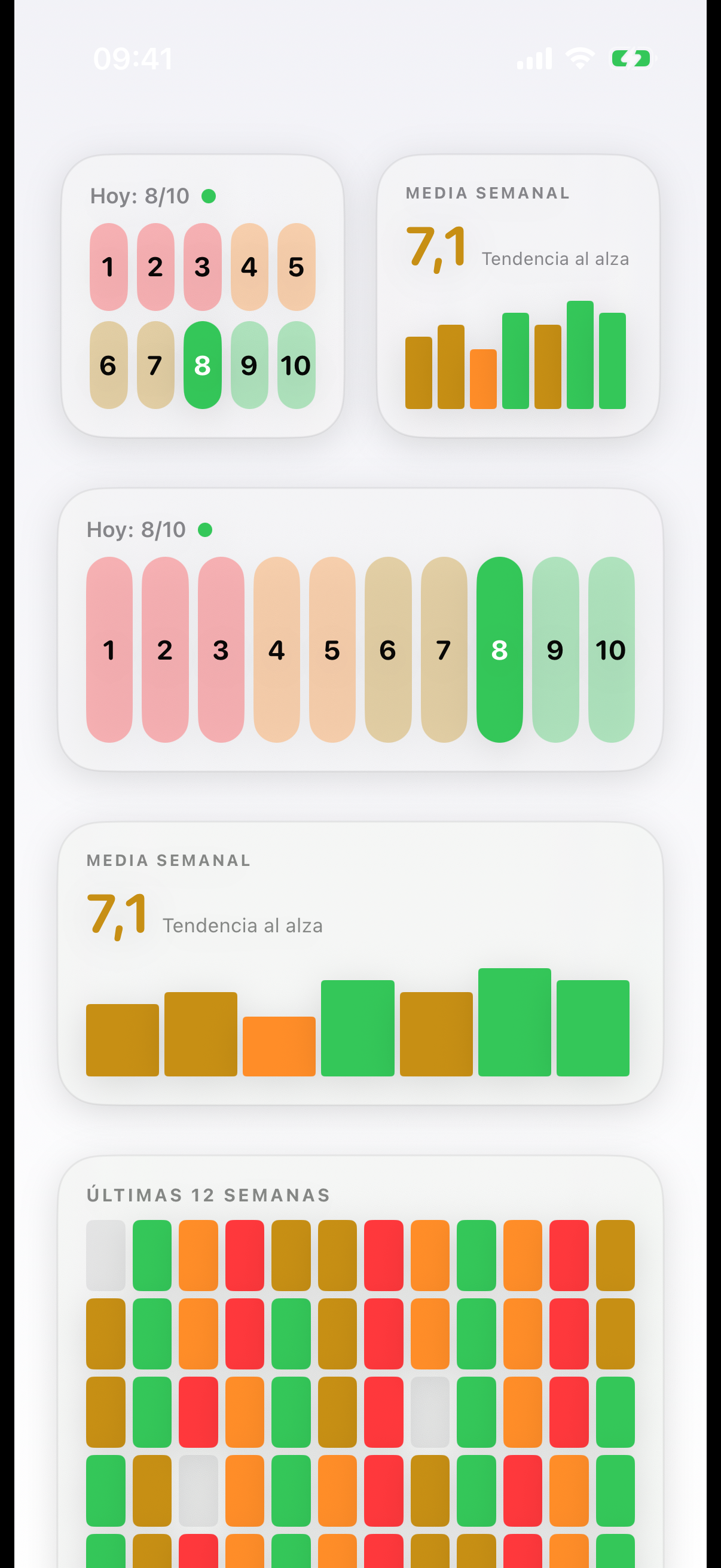 Widgets de pantalla de inicio de InnerPulse con registro r&aacute;pido, pulso semanal y estado de &aacute;nimo en p&iacute;xeles