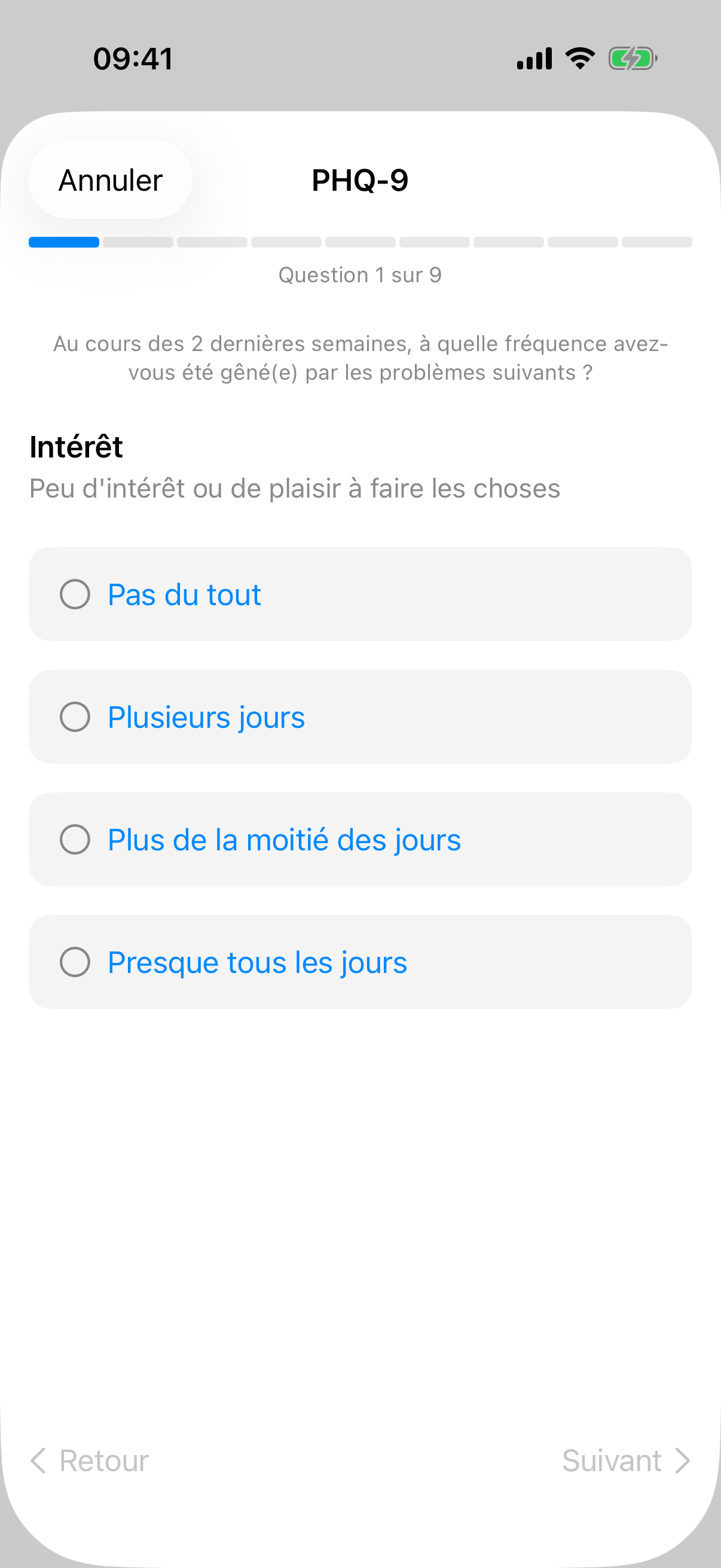 Questionnaire clinique PHQ-9 dans InnerPulse, identique &agrave; celui qu'utilise un th&eacute;rapeute