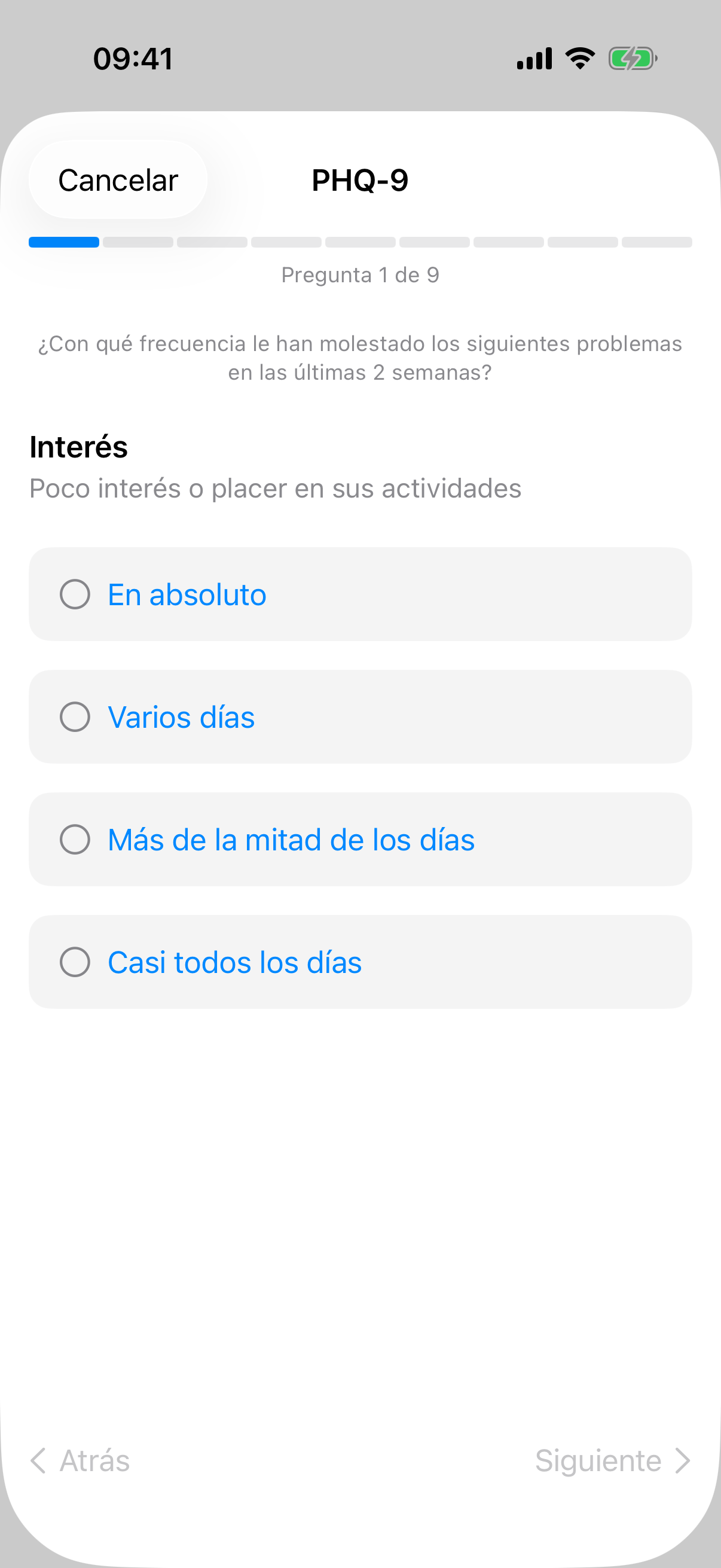 Cuestionario cl&iacute;nico PHQ-9 en InnerPulse, id&eacute;ntico al que usa un terapeuta