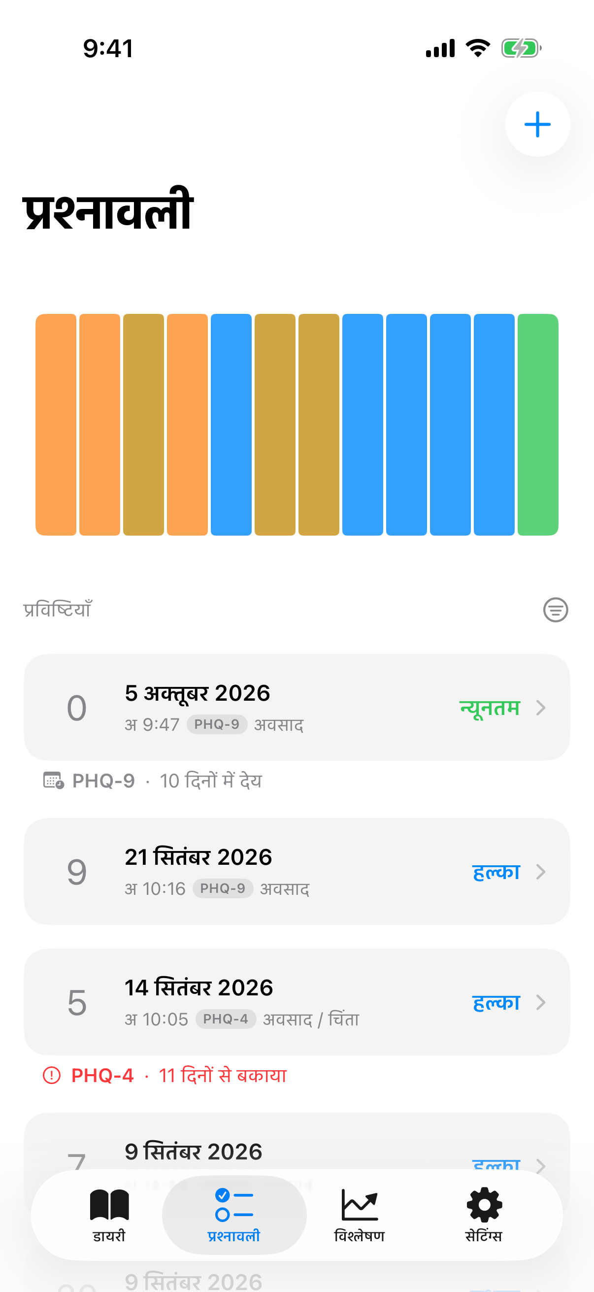 InnerPulse का PHQ-9 क्लिनिकल स्क्रीनिंग प्रश्नावली - जो थेरेपिस्ट इस्तेमाल करते हैं उसी के समान
