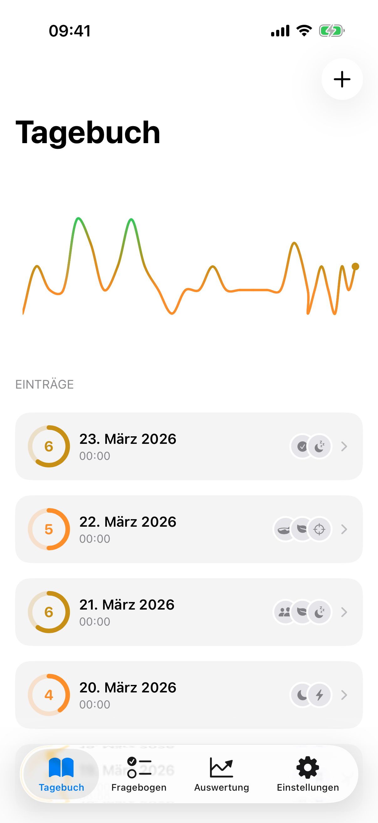 InnerPulse Journal-Ansicht mit 10-Sekunden-Mood-Log und Faktor-Auswahl
