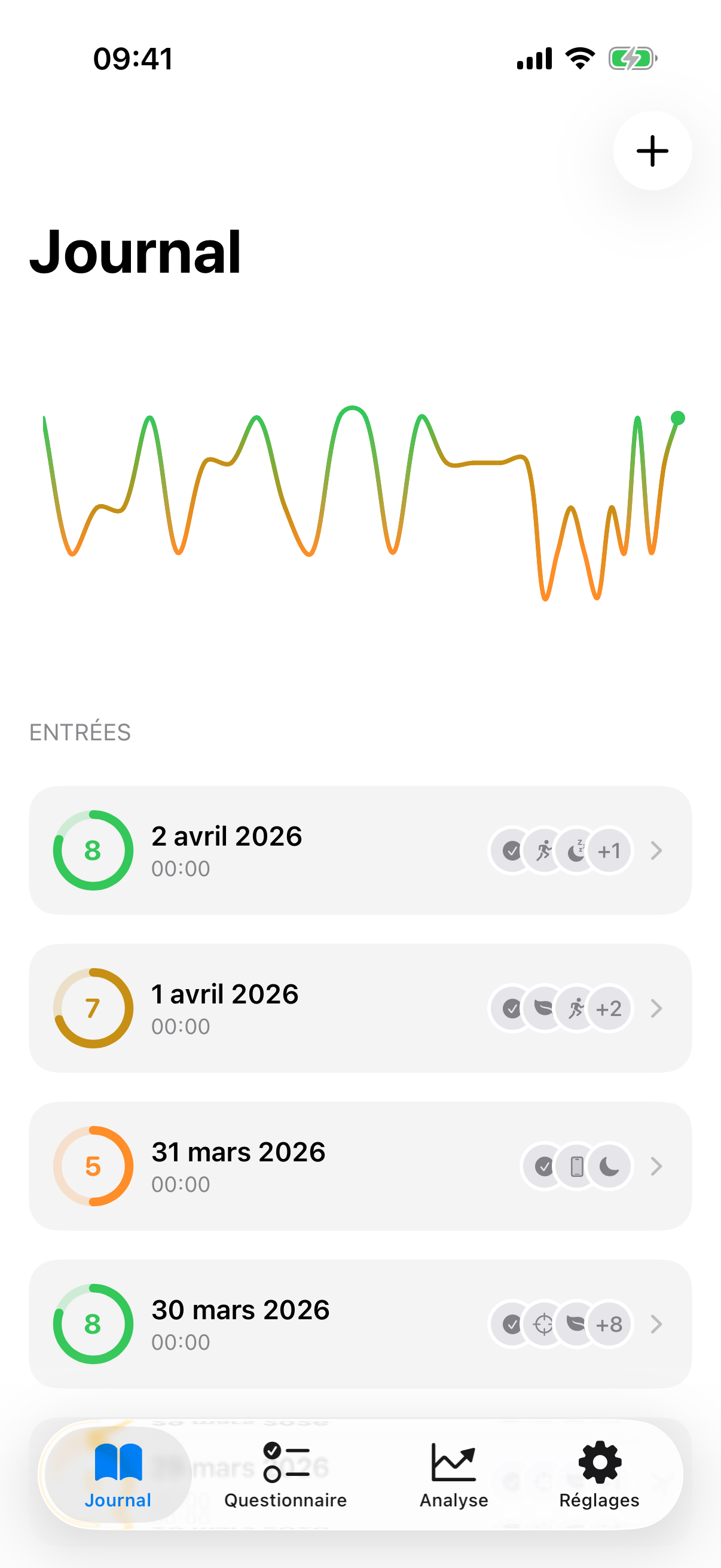 Vue journal d'InnerPulse avec saisie d'humeur en 10 secondes et s&eacute;lection de facteurs