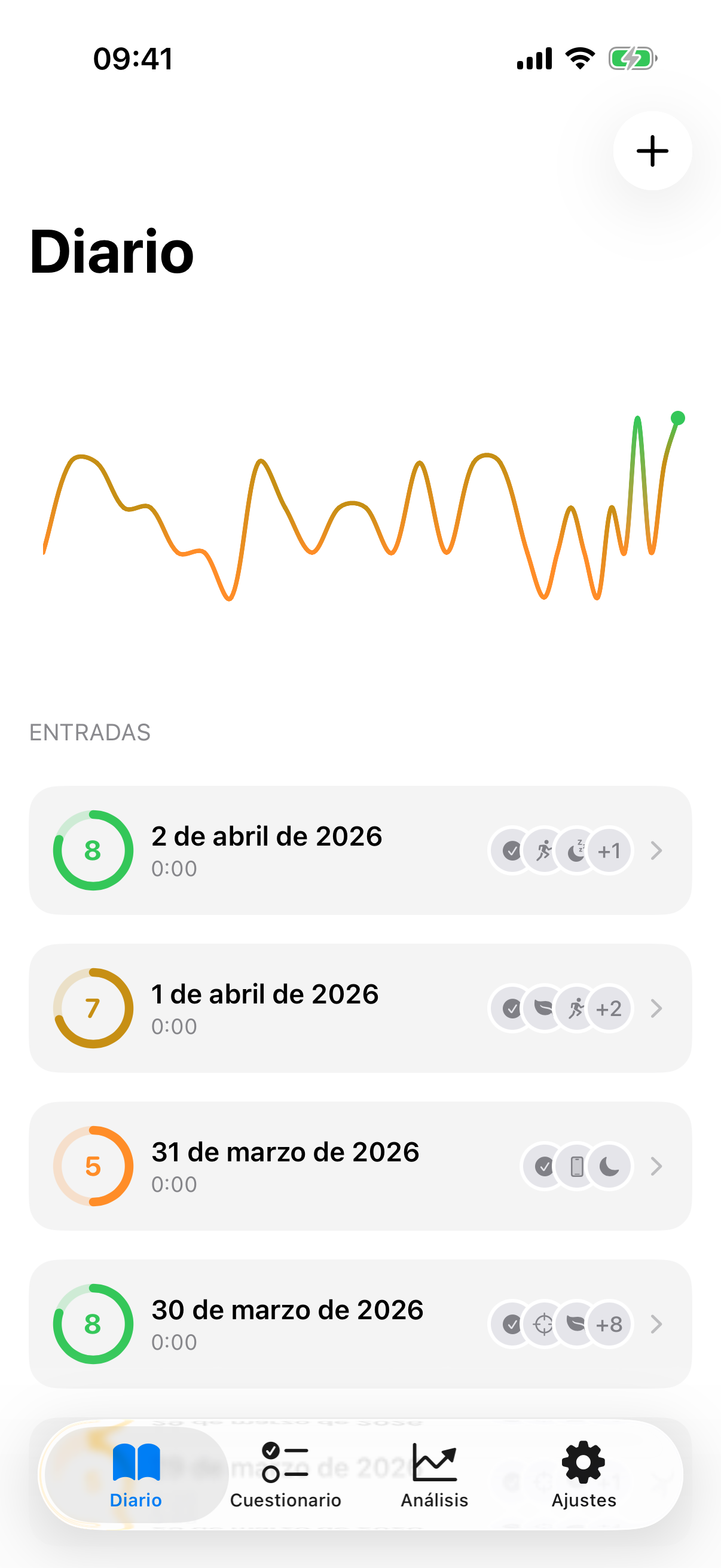 Vista de diario de InnerPulse con la puntuaci&oacute;n de &aacute;nimo y los factores